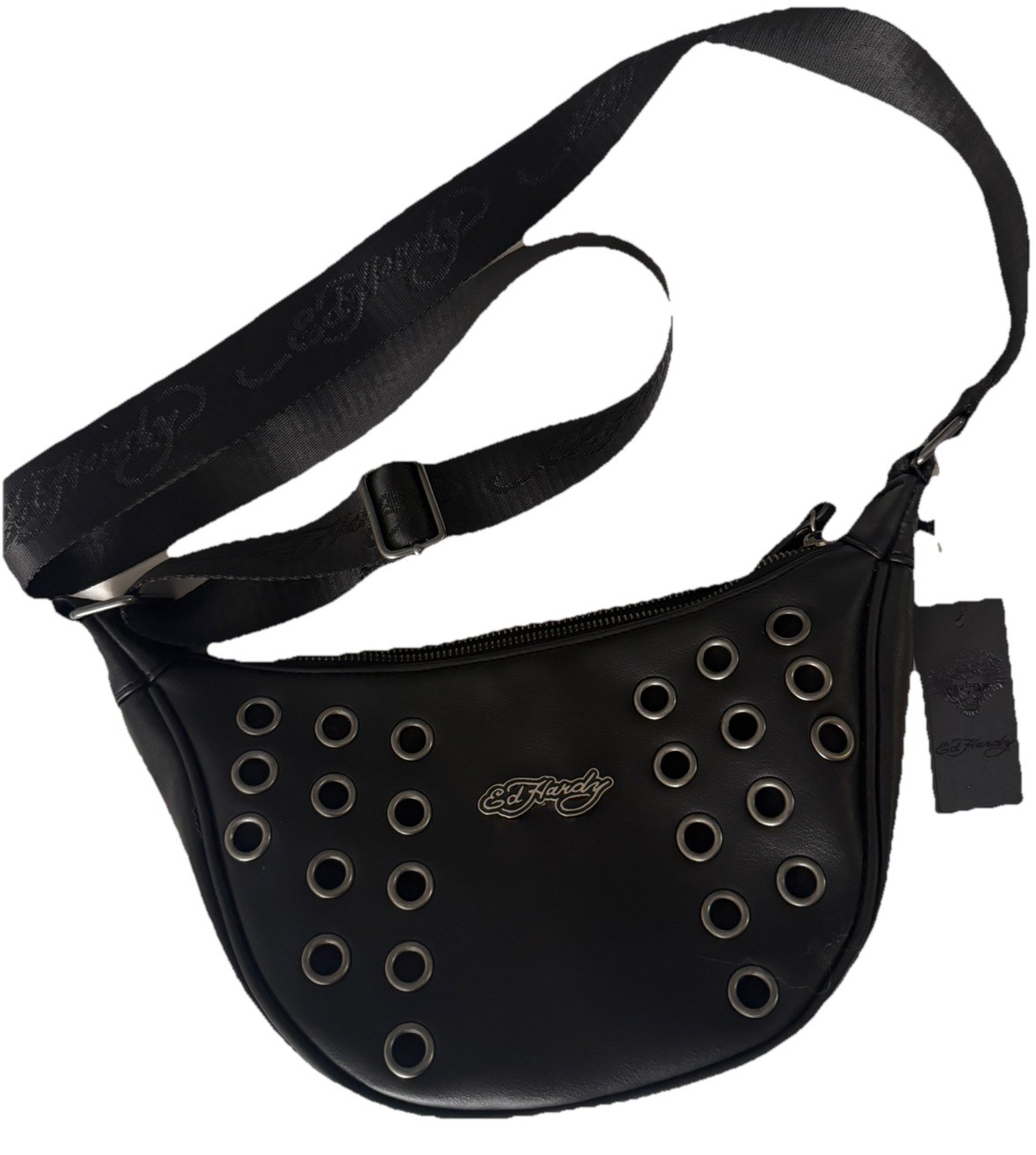 NWT ED HARDY BLACK W/ GROMMETS CRESCENT CROSSBODY HOBO HANDBAG PURSE