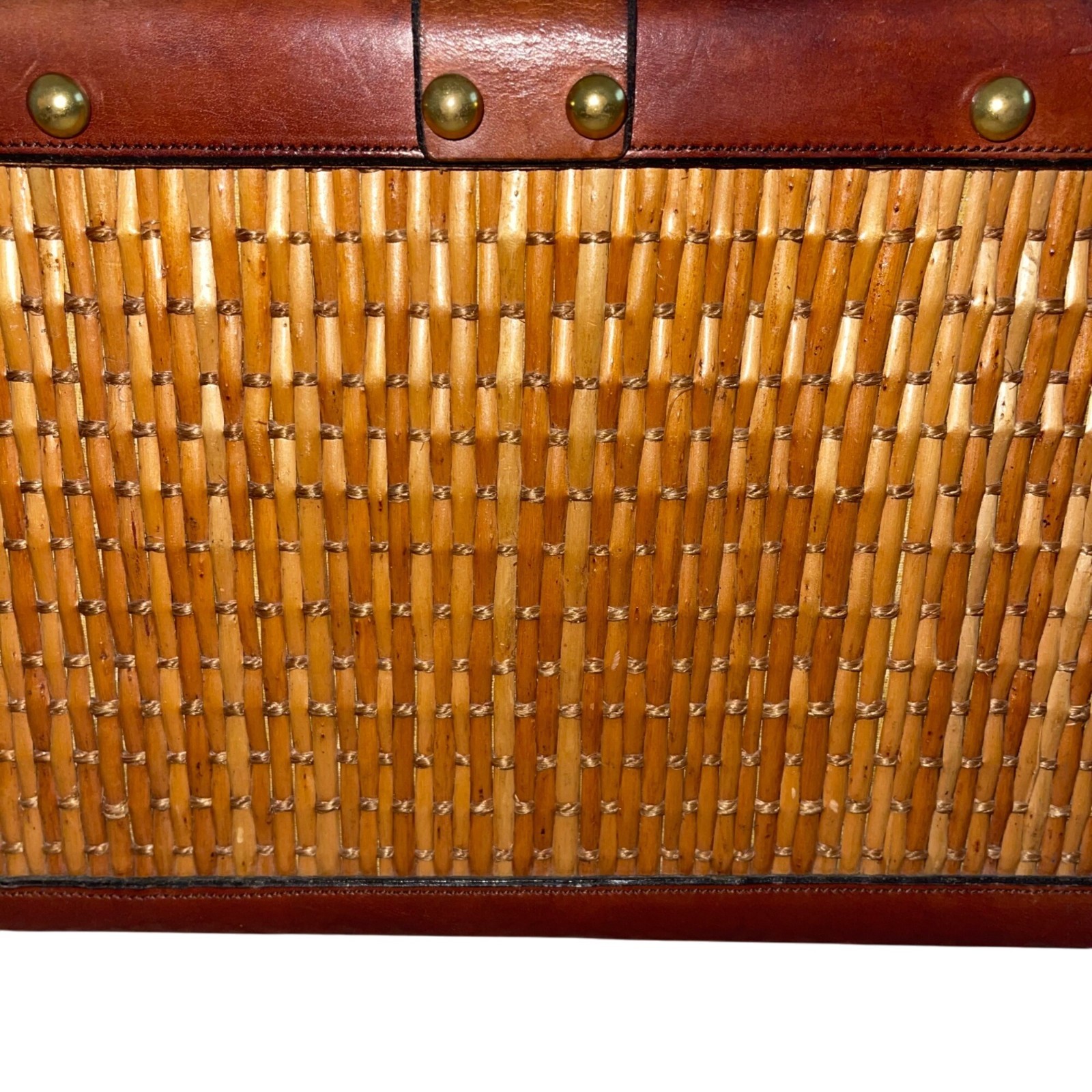 Etienne Aigner Leather Hand Bag Vintage Satchel Purse Womens Brown Woven Rattan