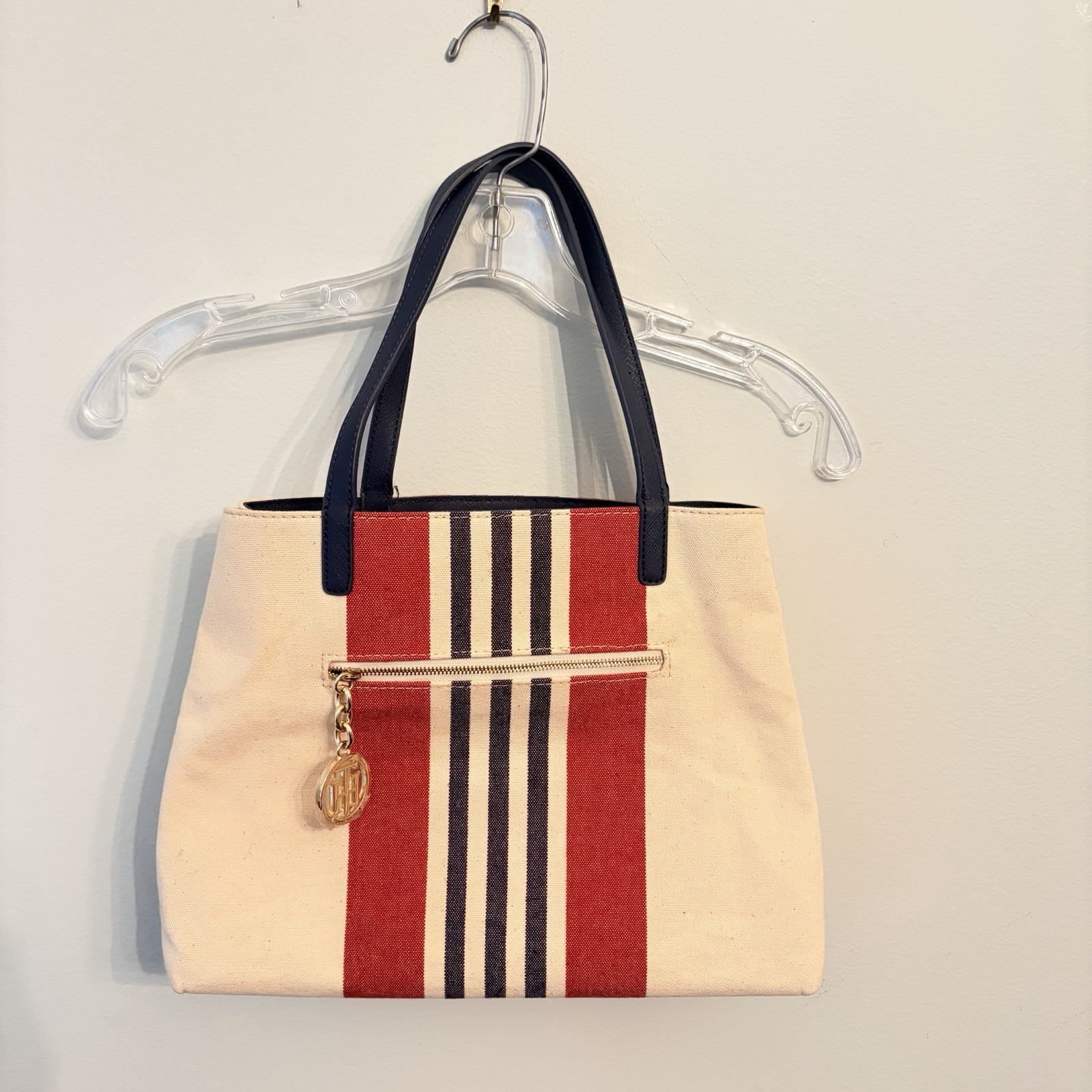 NWT Tommy Hilfiger Beige Canvas Purse Bag Red Blue Center Stripe Double Straps