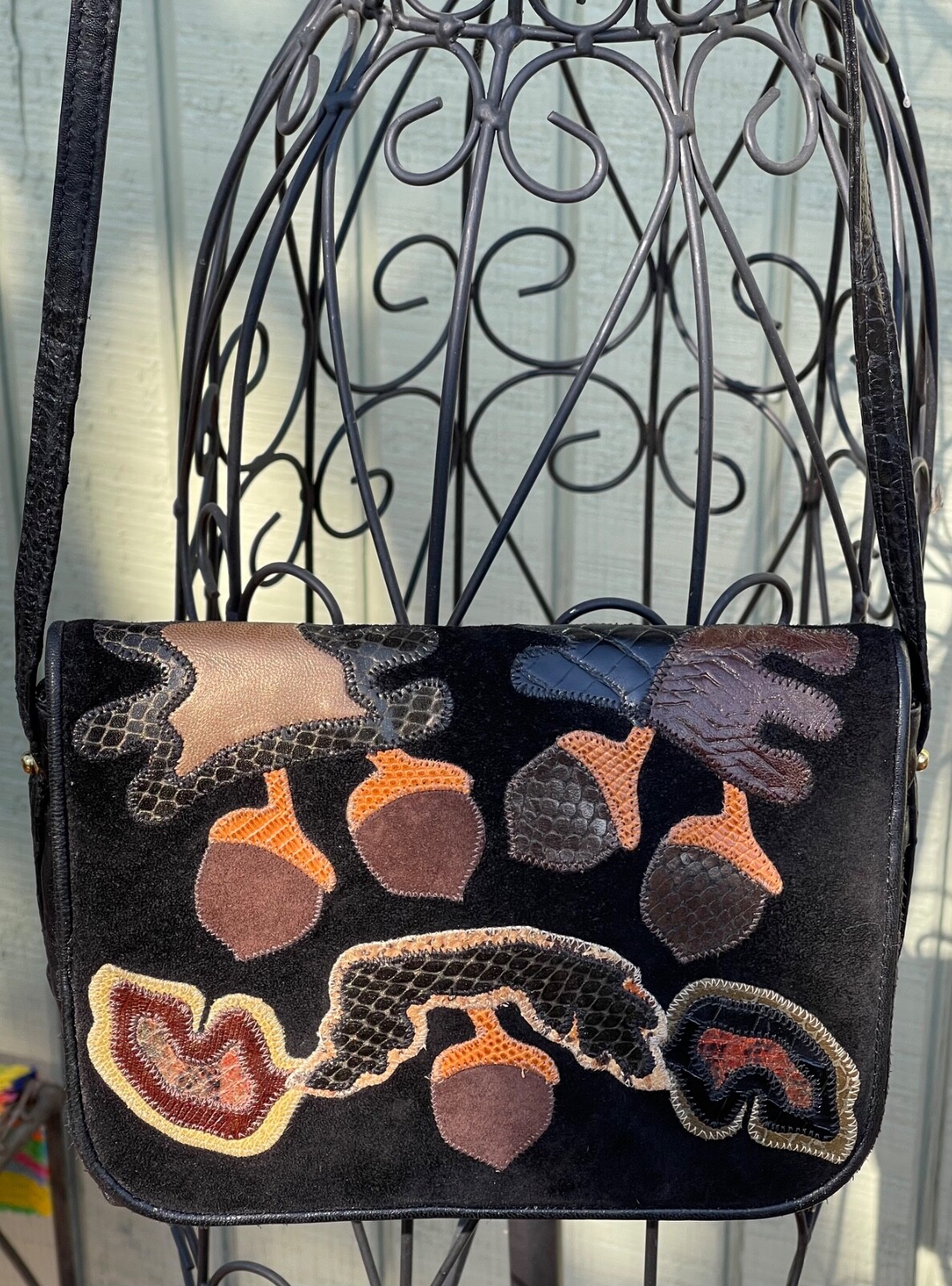 Sharif New Black Leather Crossbody Bag Acorns Oak USA Multi Textured Appliqué