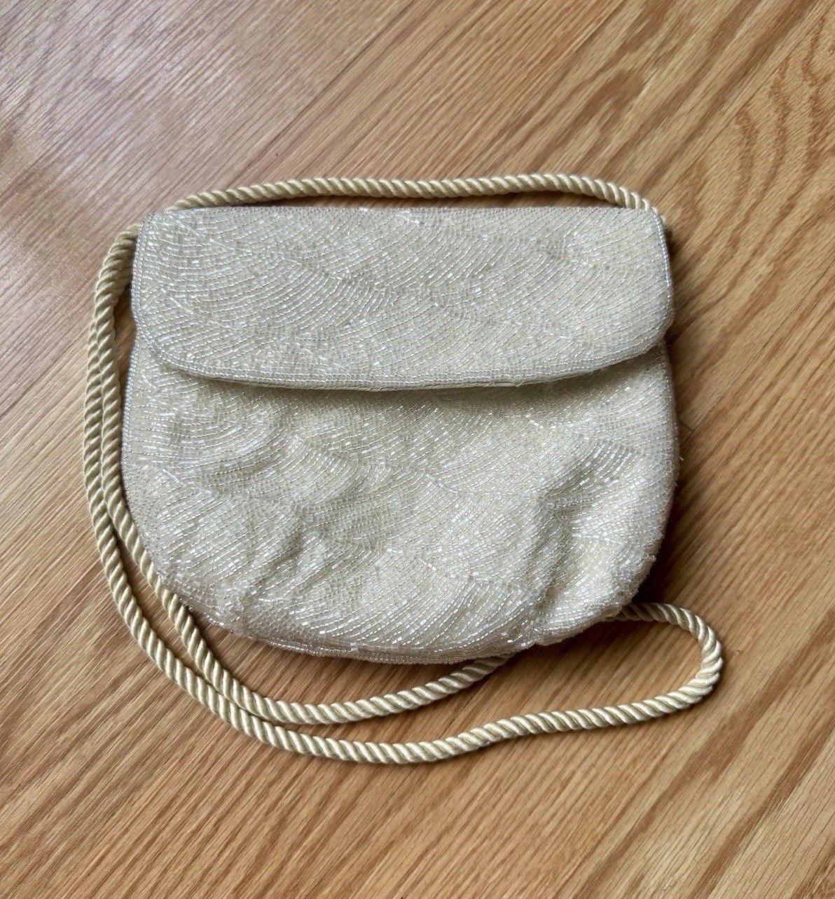 Nordstrom Cream Beaded Shoulder Evening Purse/Bag Cross Body Rope Style Strap
