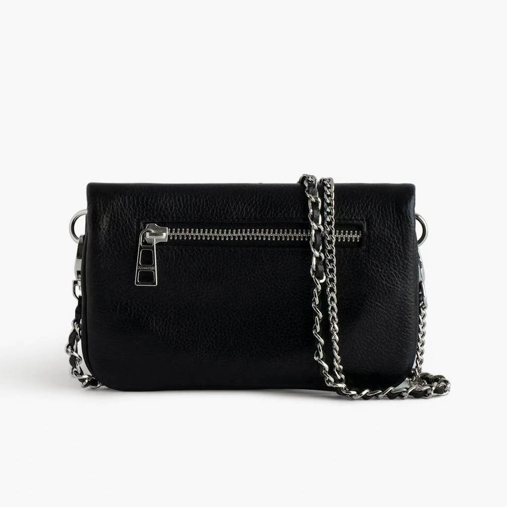 Zadig & Voltaire Rock Wing Black Silver Pebbled Leather Shoulder Bag 21×13×3cm