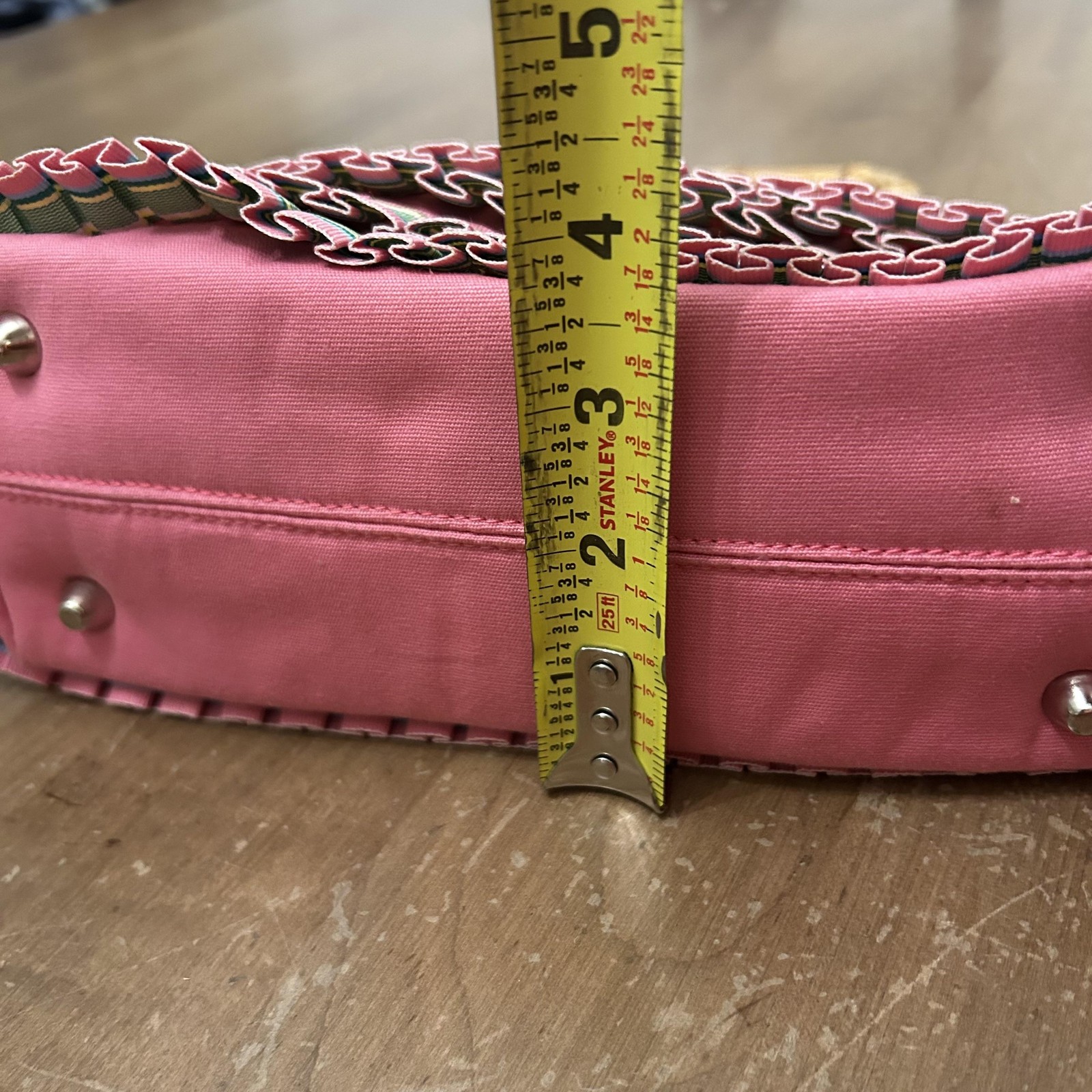 Braciano Top Handle Bag Womens Small Pink Striped Pleated Bamboo Bow Purse