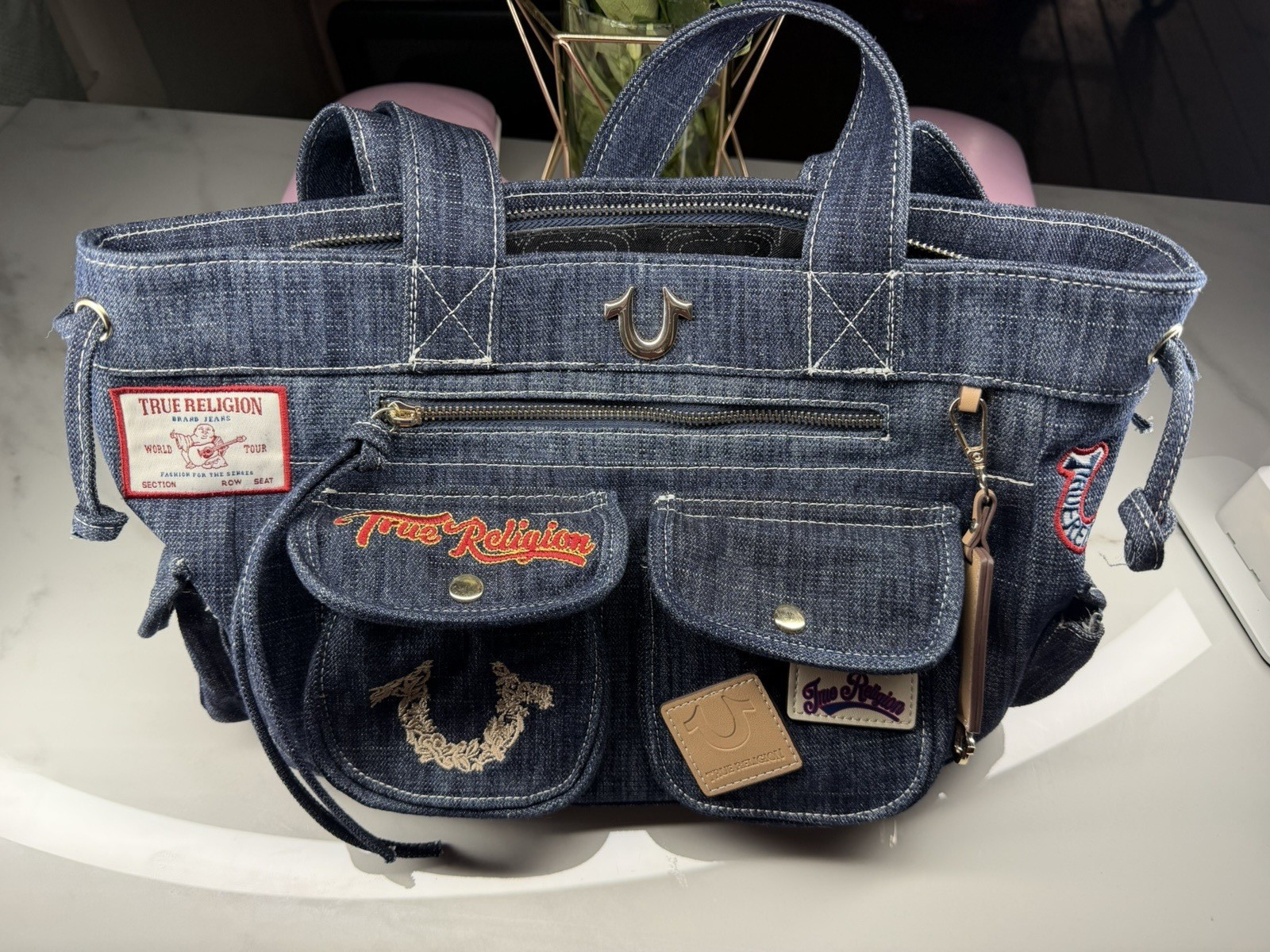 True Religion Blue Logo Tote Bag Zip Closure Detachable Strap Gold Hardware