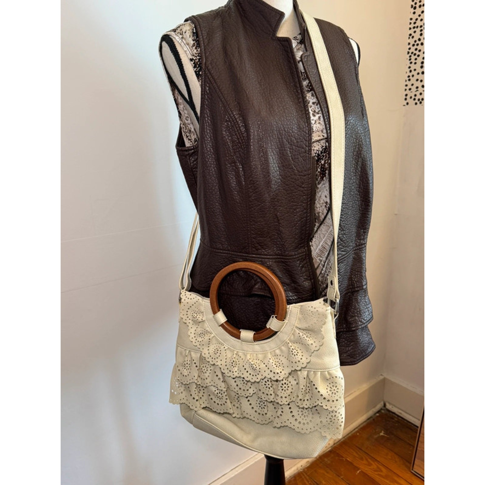 Leather white ruffle cottage core wood circle handle crossbody Festival Y2k 90s