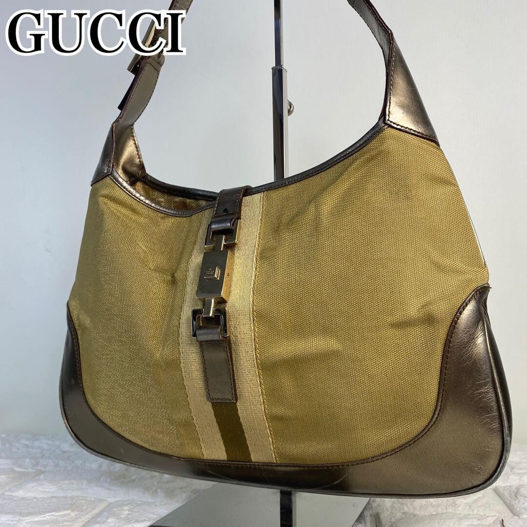 GUCCI Shoulder bag Jackie canvas leather gold Vintage Authentic From Japan