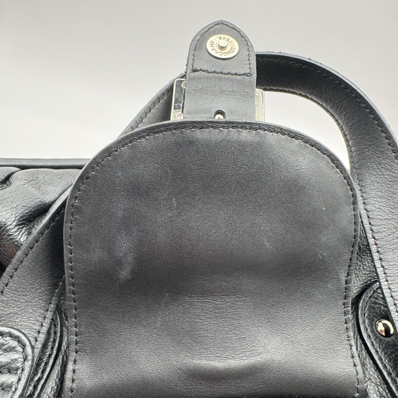 VTG Longchamp Idole Black Grained Leather Satchel Bag Studded Buckle Flap France