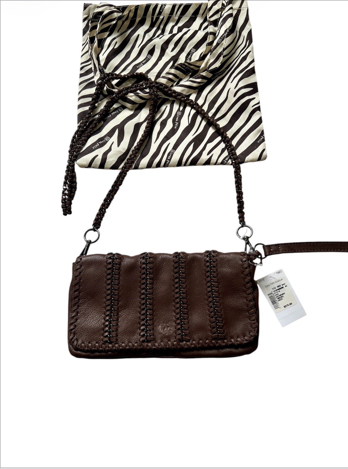 NWT $275 Linea Pelle Soft Brown Leather Whipstitch Chain Crossbody Bag Wristlet