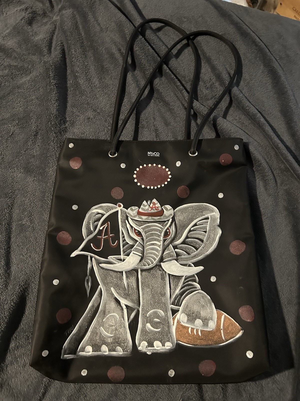 NY&CO Black Medium Tote Hand Painted Elephant Polka Dot, Double Handles