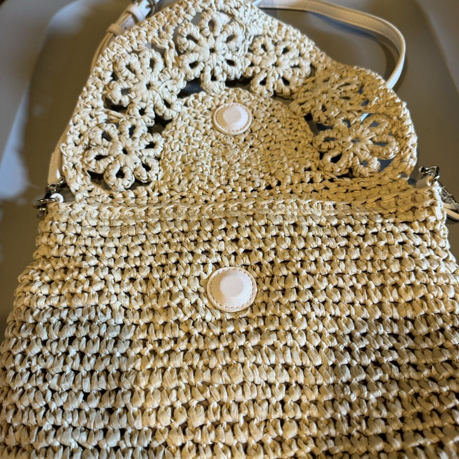 LC Lauren Conrad Crossbody Bag Woven Paper Straw Floral Cream Boho Festival