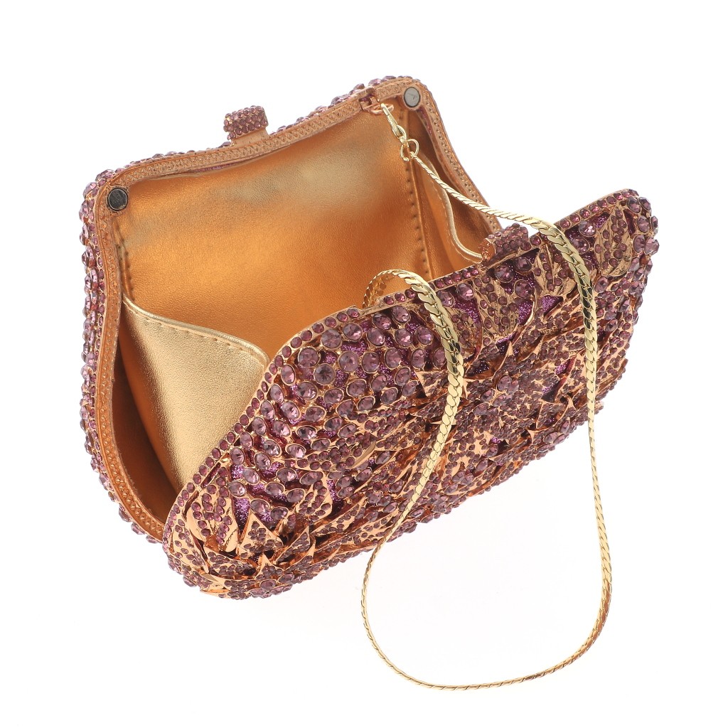 Gold Tone Alloy Metal Fashion Crystal Rhinestone Clutch Bag HB6039-PUR