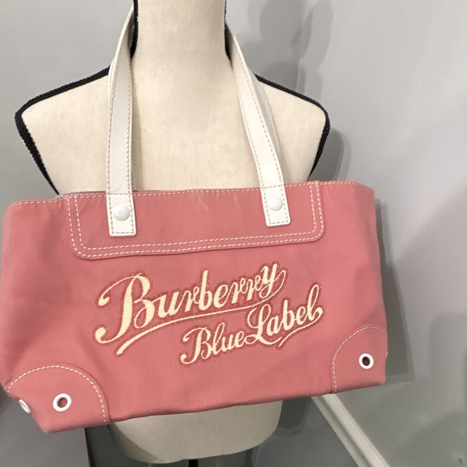 Burberry Pink Logo Tote Bag White Leather Handles Drawstring Pockets