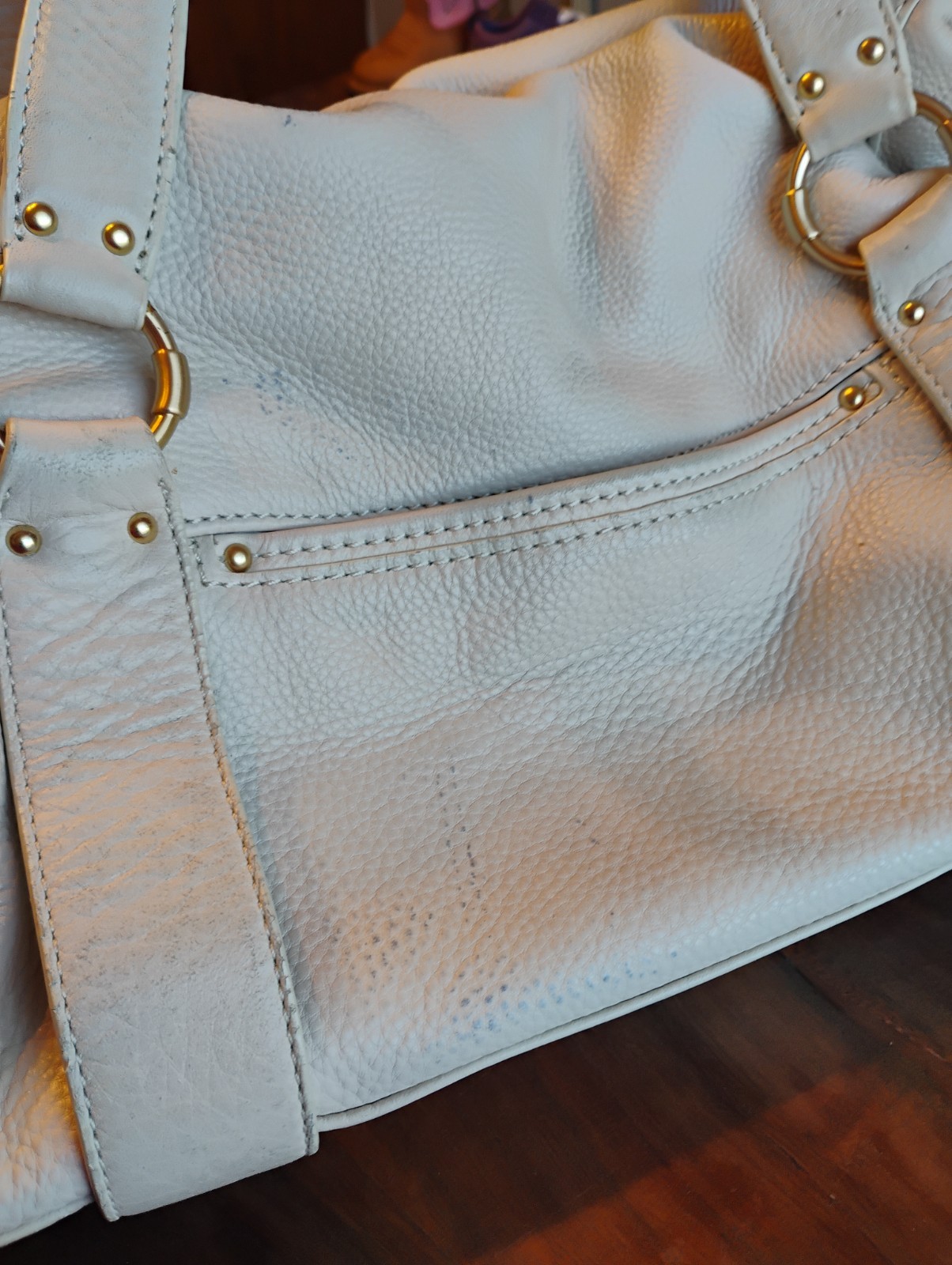 Michael Kors Fulton White Pebbled Leather Studded Satchel Shoulder Bag MK Charm