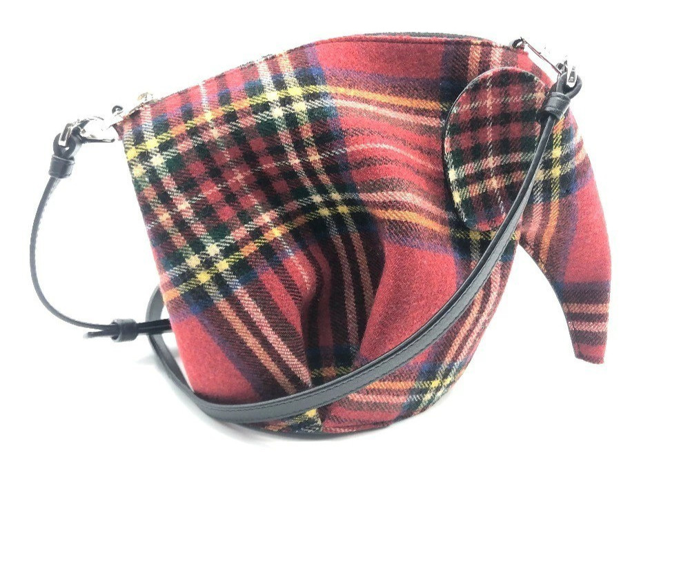 LOEWE Elephant Crossbody Shoulder Bag Tartan Check Canvas Leather Animal