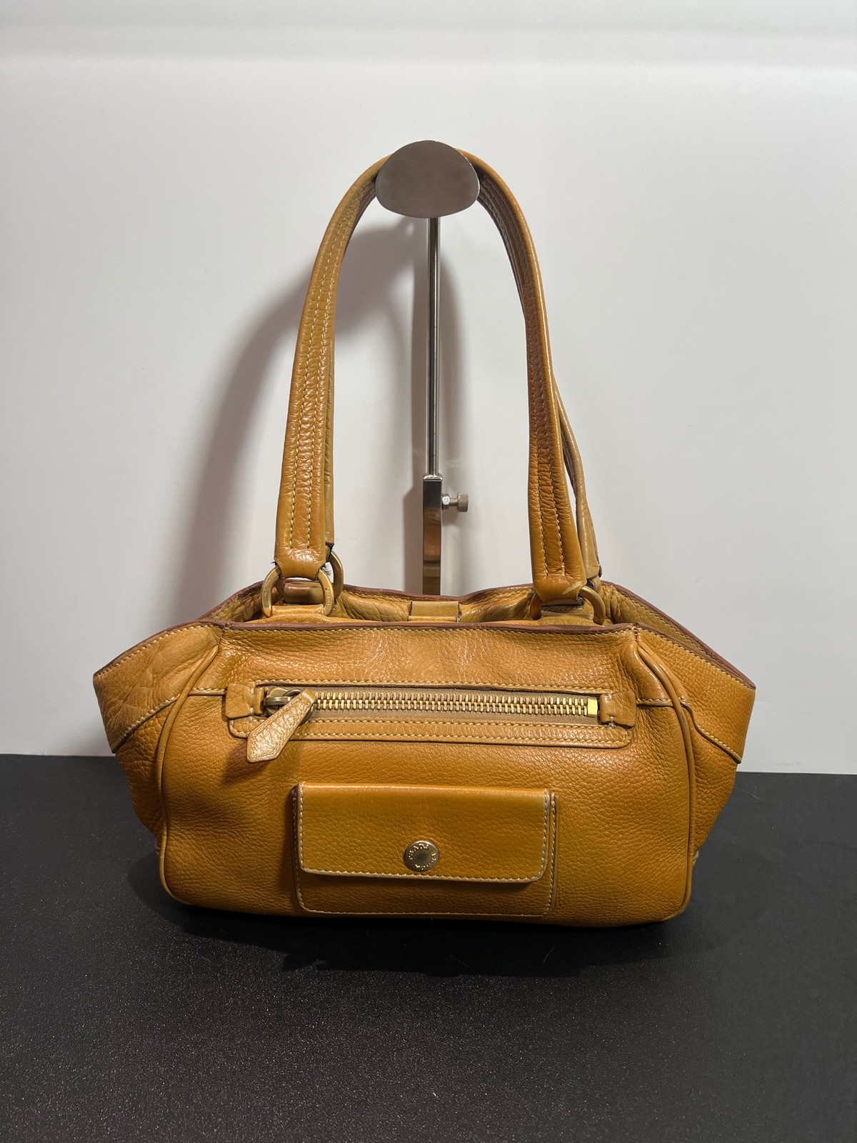 Prada Side Triangle Logo Series Normal Size Camel Tan Pebbled Calfskin Shoulder