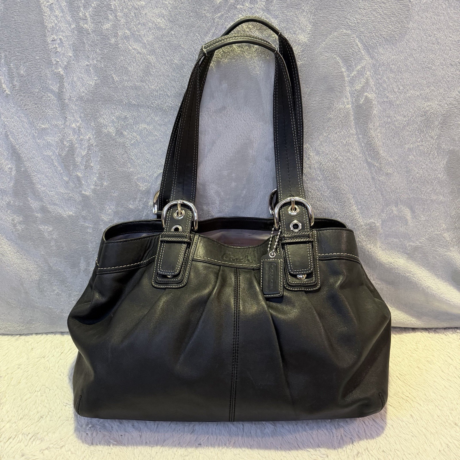 Vintage Coach Soho Pleated Leather Black Large Tote Silver Buckle F13733 READ