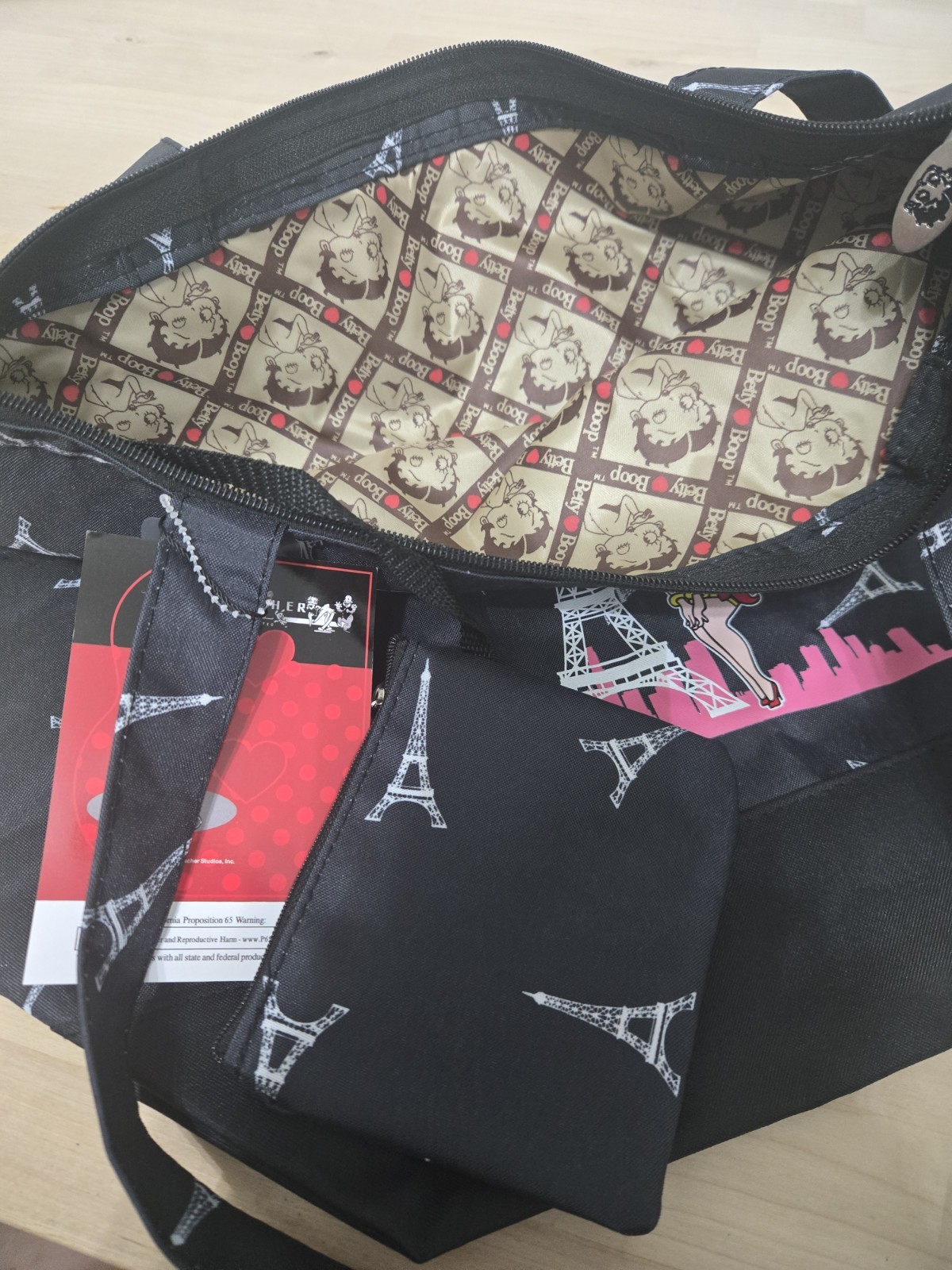 Betty Boop Paris Eiffel Tower Graphic Print Large Tote Zip w/ Pouch, Lined