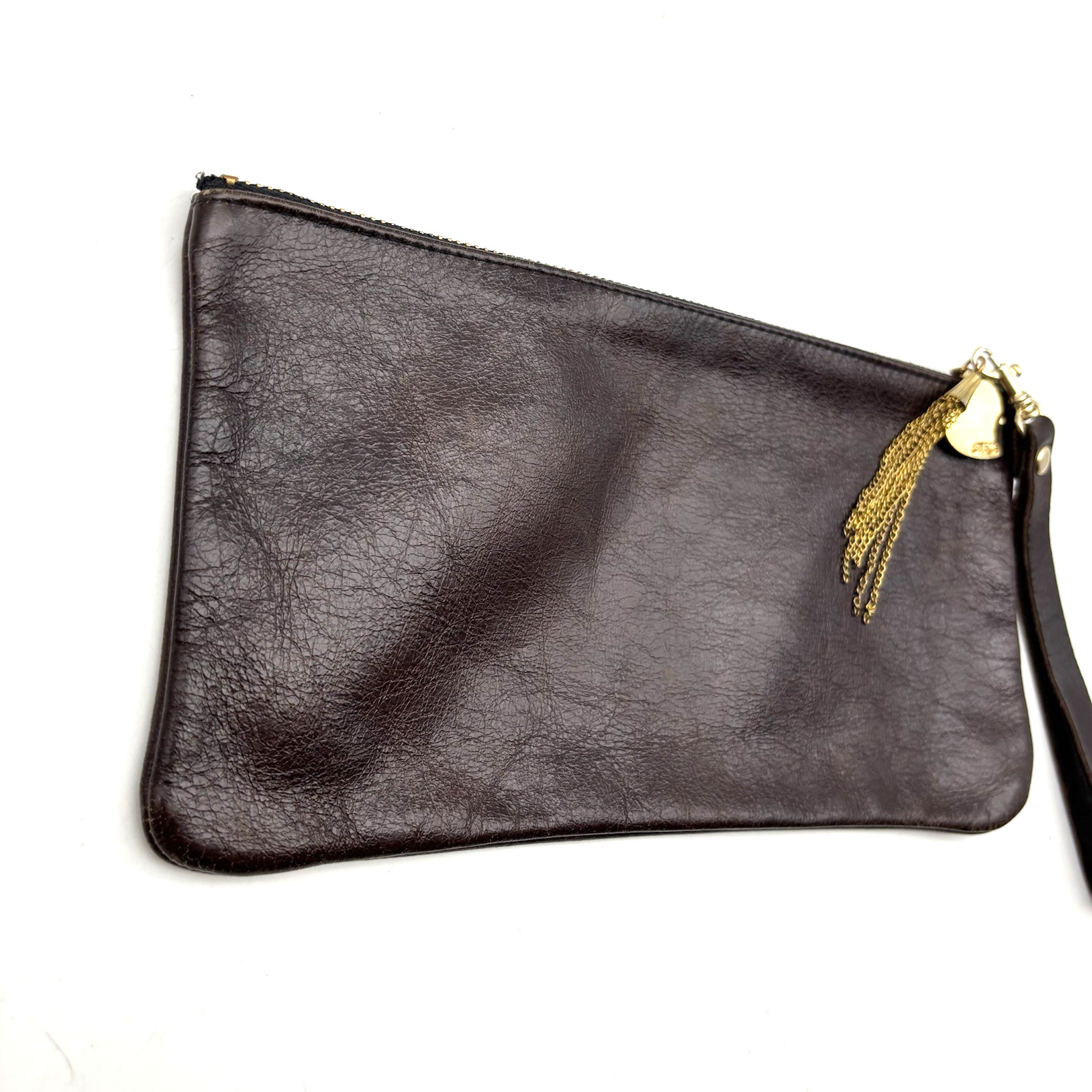 Vintage 90s Moss Mills USA Brown Genuine Leather Bag Charm Zip Wristlet 10×5.5″