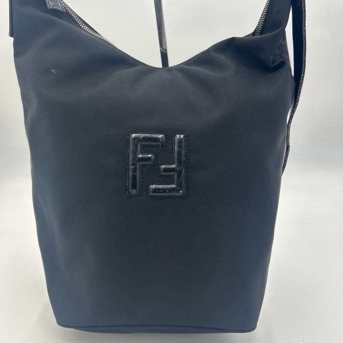 Fendi Black Shoulder Bag Handbag Leather Nylon Zucca Canvas FF Logo 36x21x18.5cm