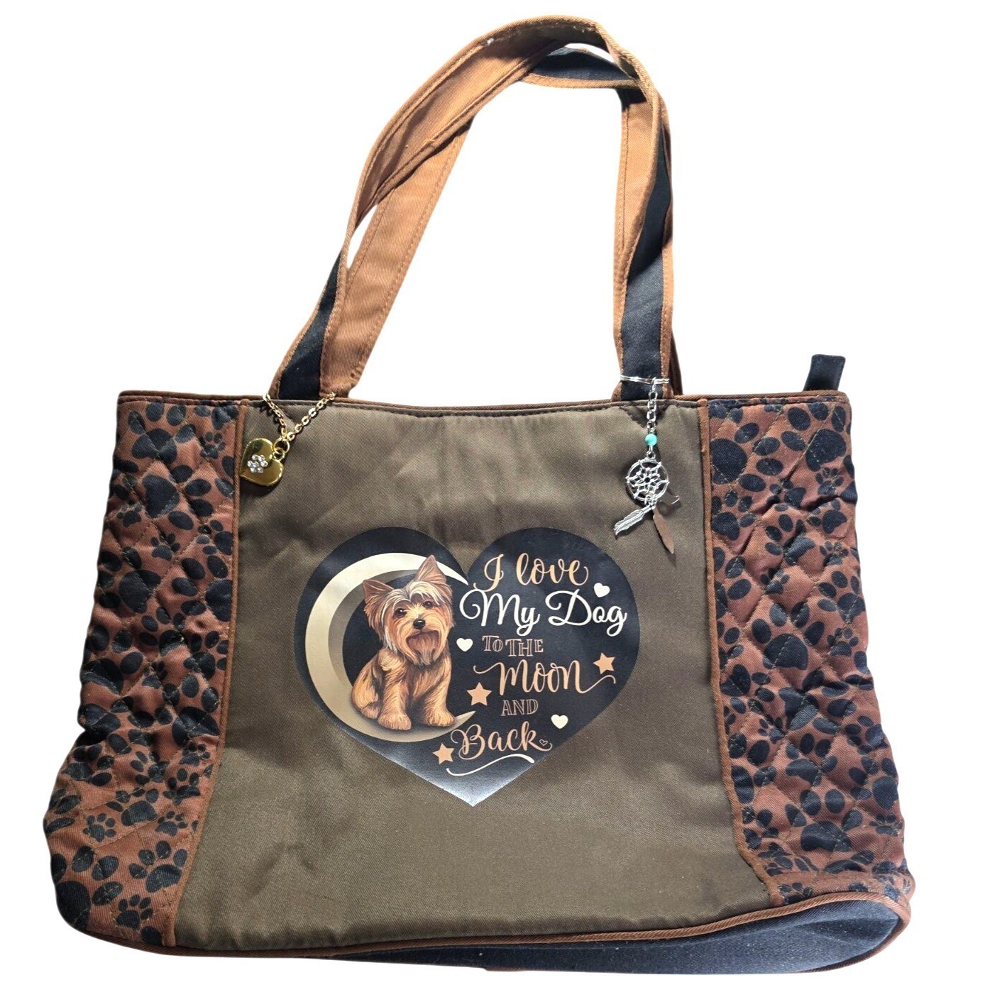 Bradford Exchange Quilted Tote Bag Paw Print Brown Black Yorkie Dog Lovers
