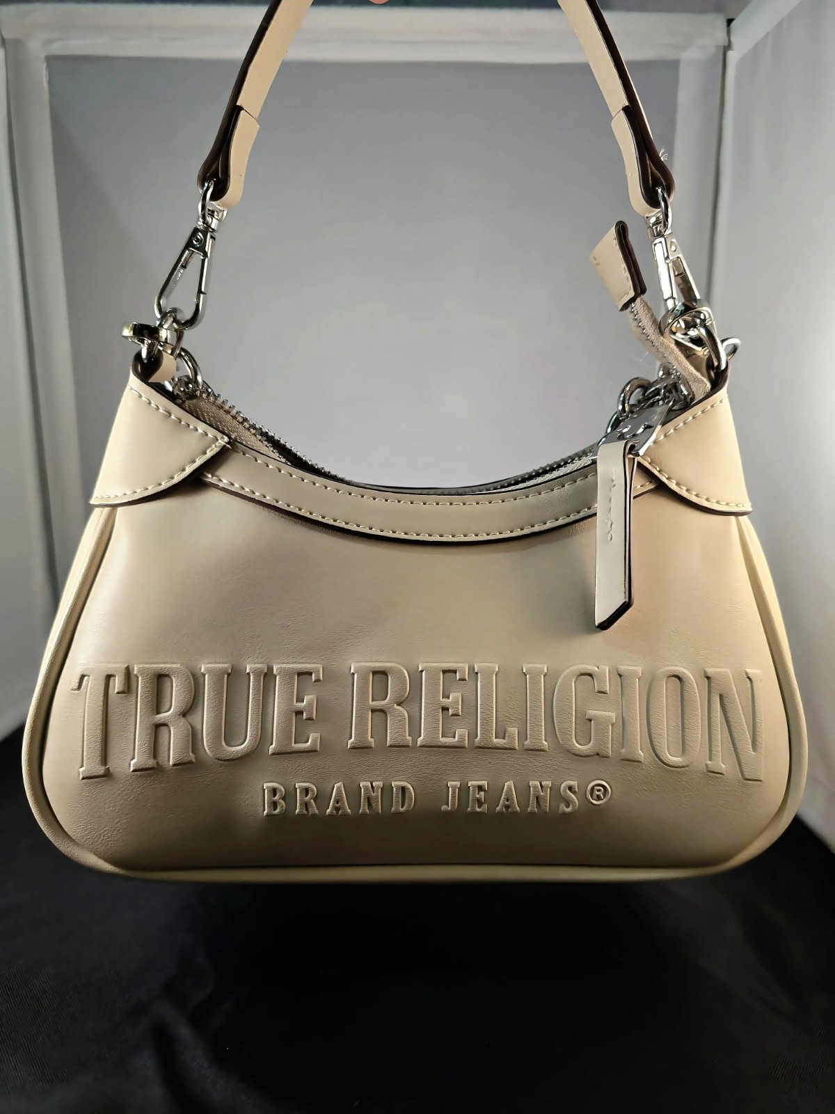 True Religion Small Beige Logo Crescent Shoulder Bag Zip Closure Chain Strap