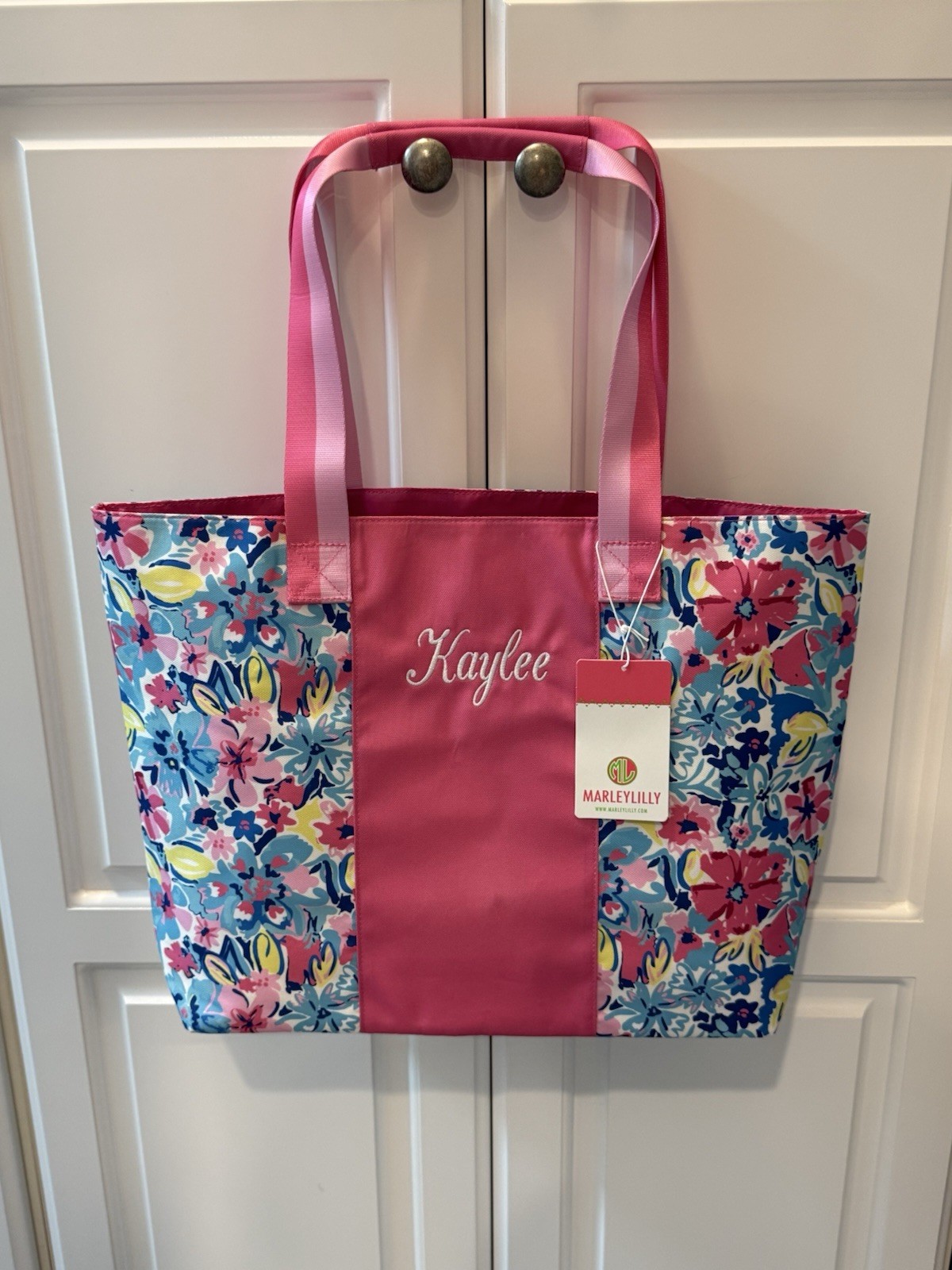 NWT Marleylilly Monogrammed Tote Bag Watercolor Whimsy Pink Floral “Kaylee”