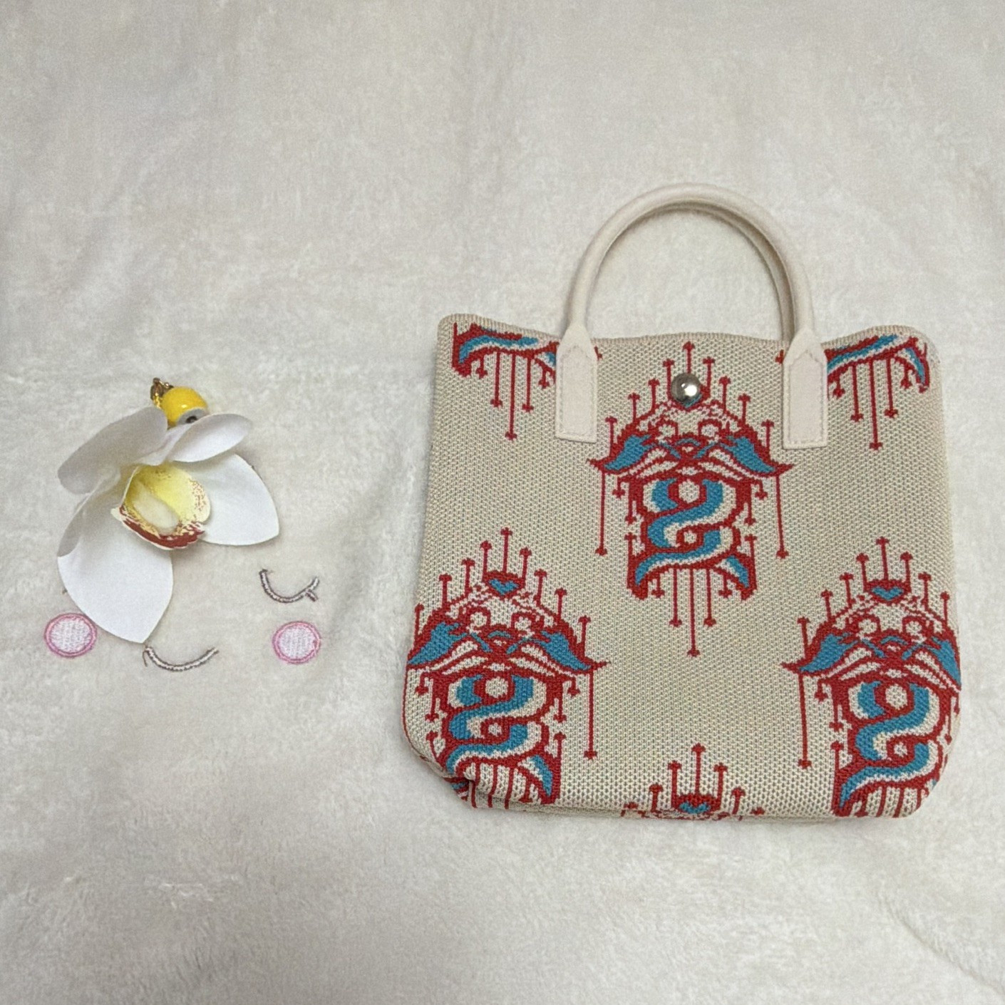 Women’s Small Tote Bag Beige Red Blue Embroidered Snake Detachable Strap