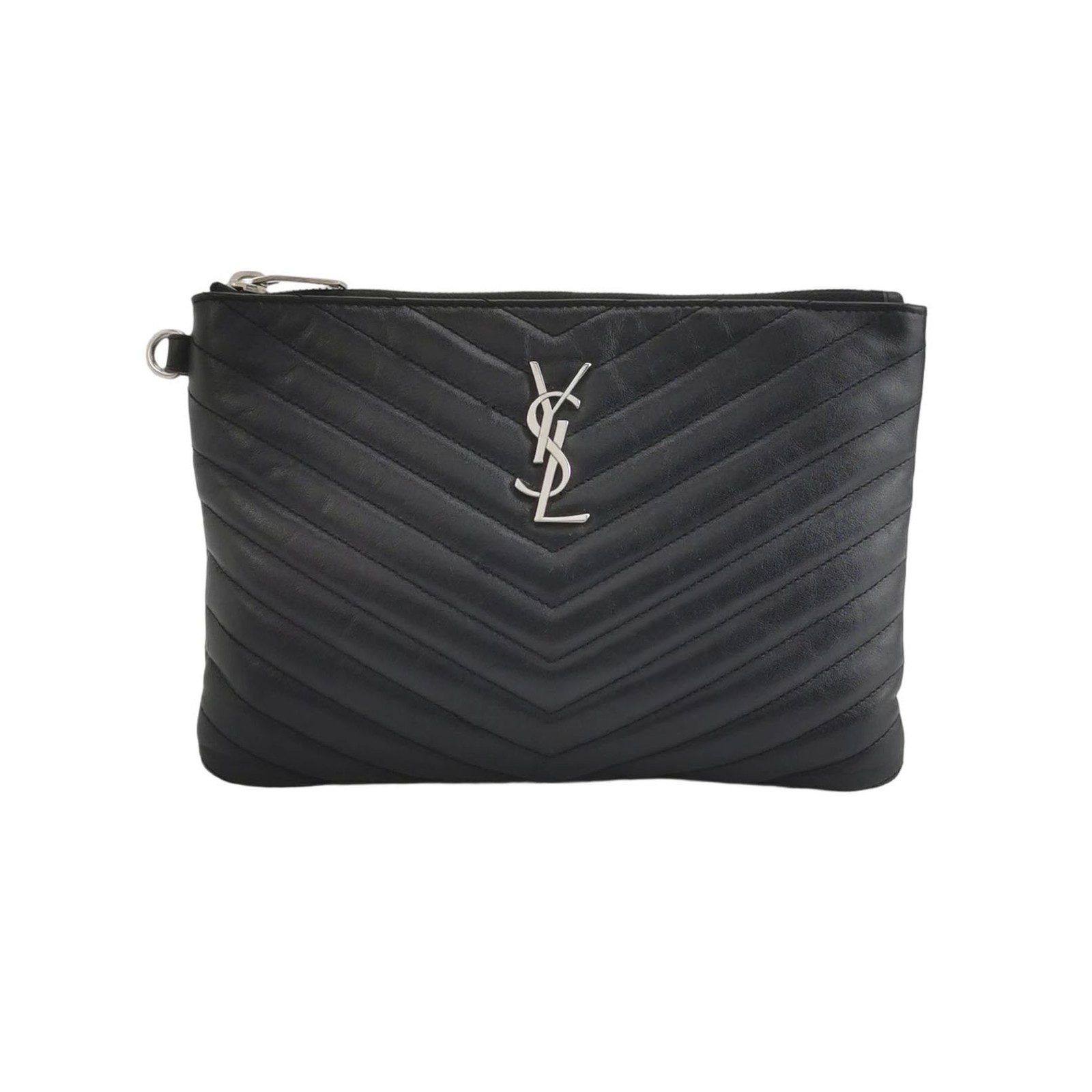 Saint Laurent Monogram Regular Size Black Leather Handheld Clutch US Ship