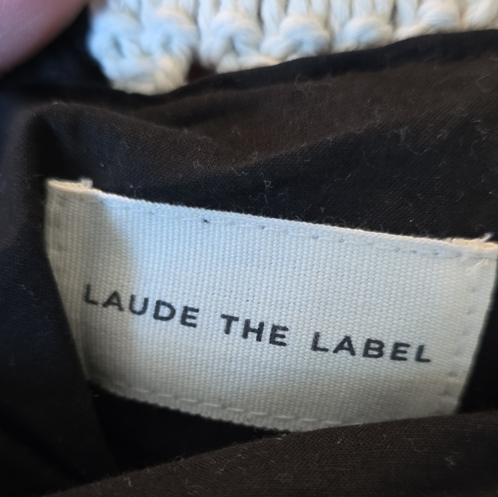 Laude The Label Crochet Knit Top Handle Bag Black/Beige Colorblock Wood Handles