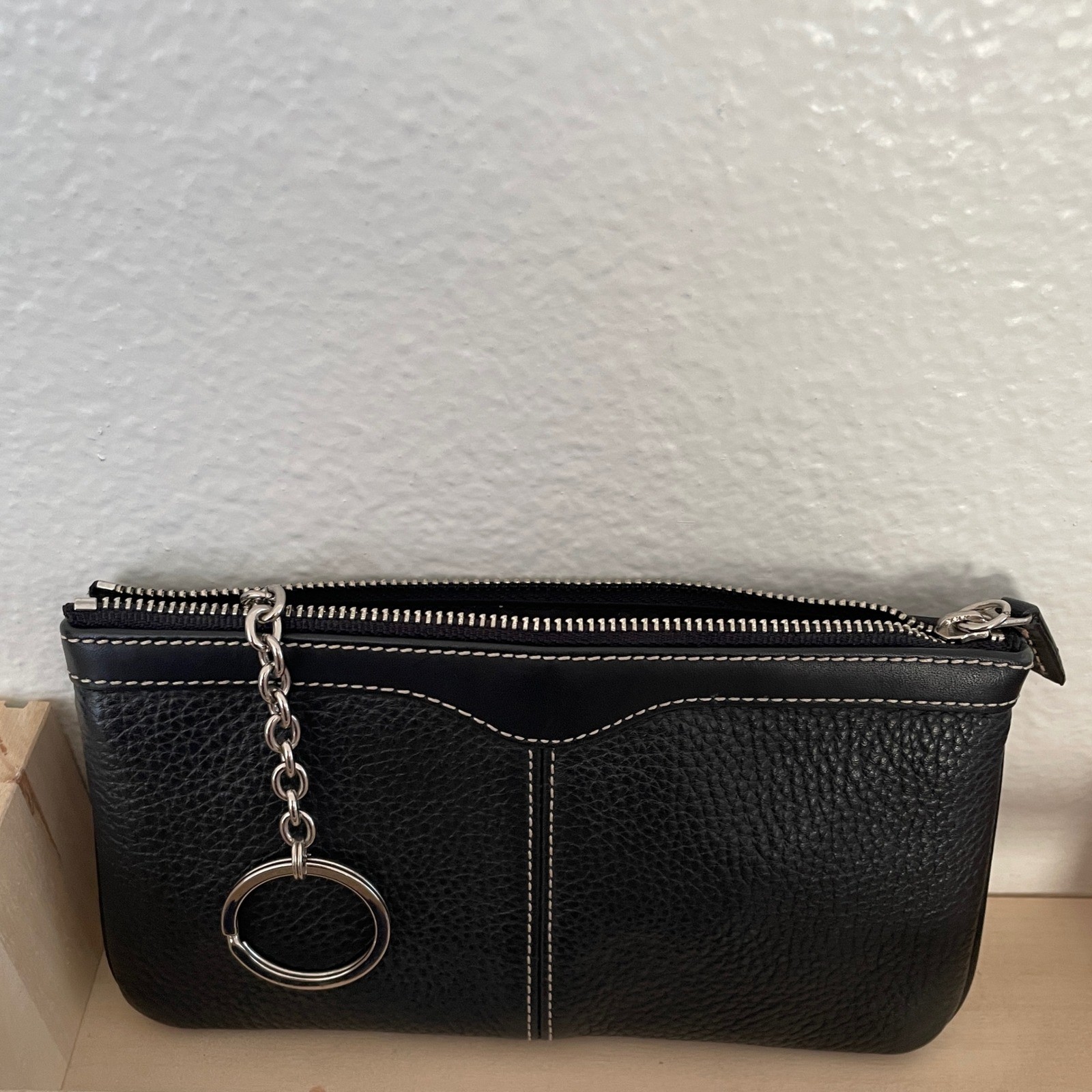 Black Pebbled Leather Zip Pouch with White Contrast Stitching and Key Ring