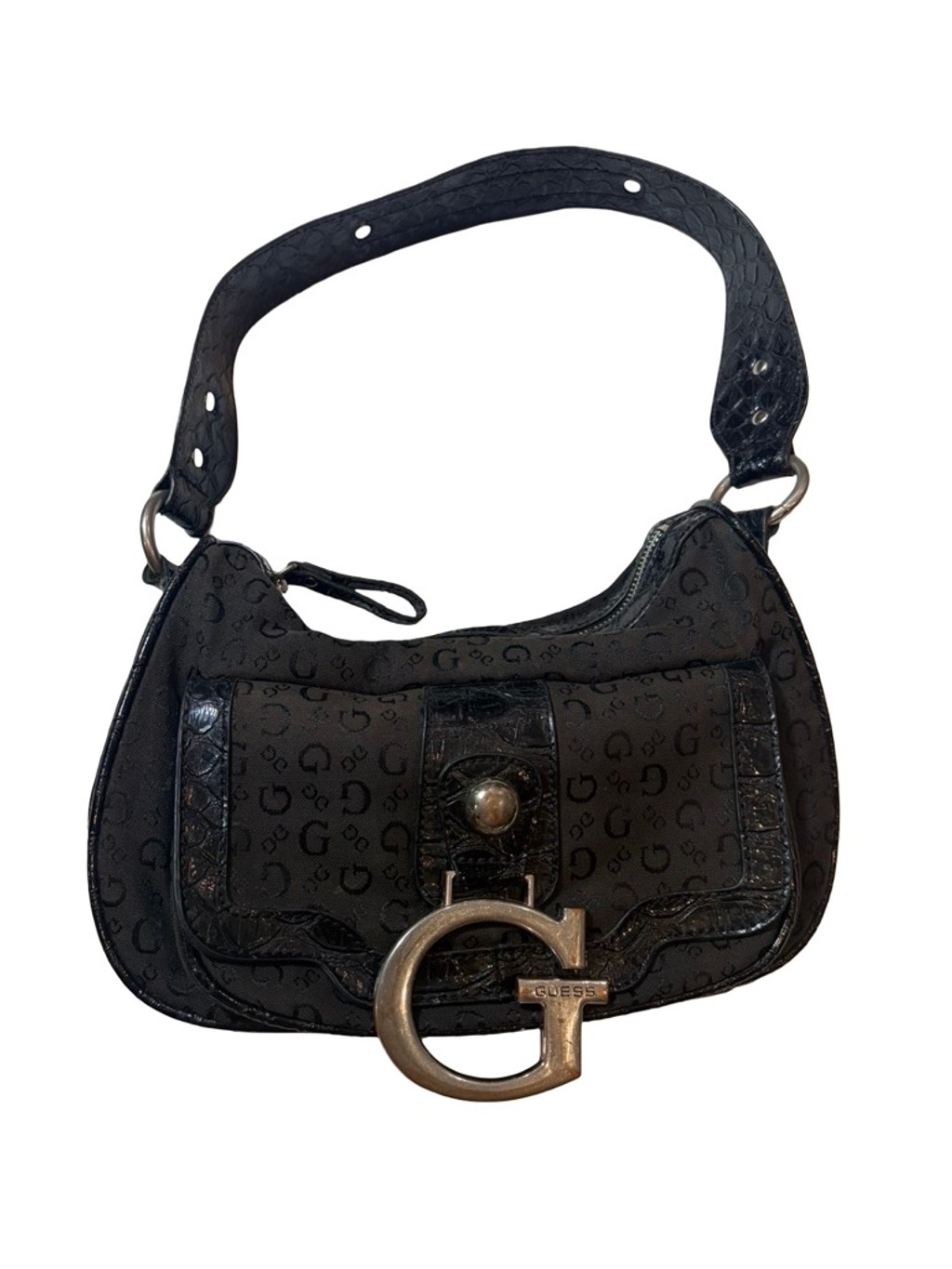 Guess Y2K Black Logo Baguette Shoulder Bag Faux Croc Large G Hardware