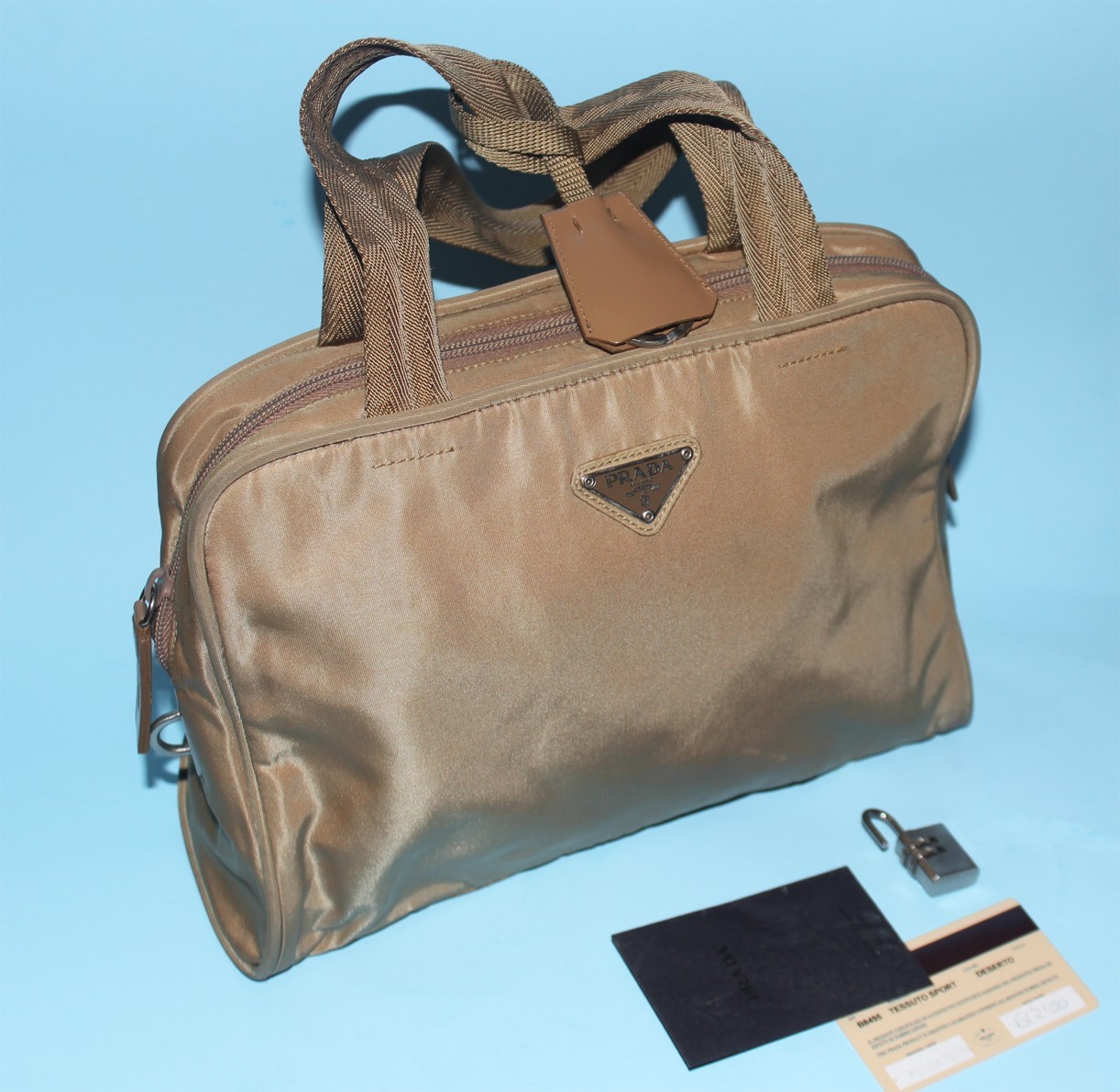 Vtg PRADA Tote Bag Nylon Khaki Deserto Brown Re- Edition purse Triangle y2k logo