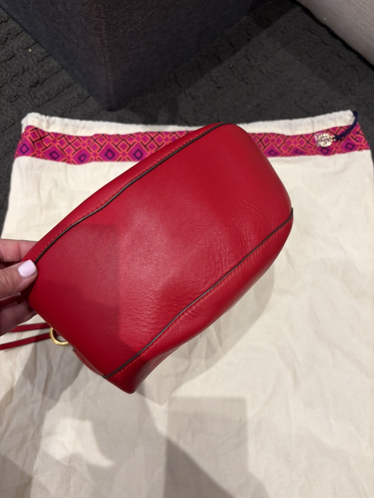 Tory Burch Red Leather Miller Hobo Bag with Multi Colour Logo Clasp