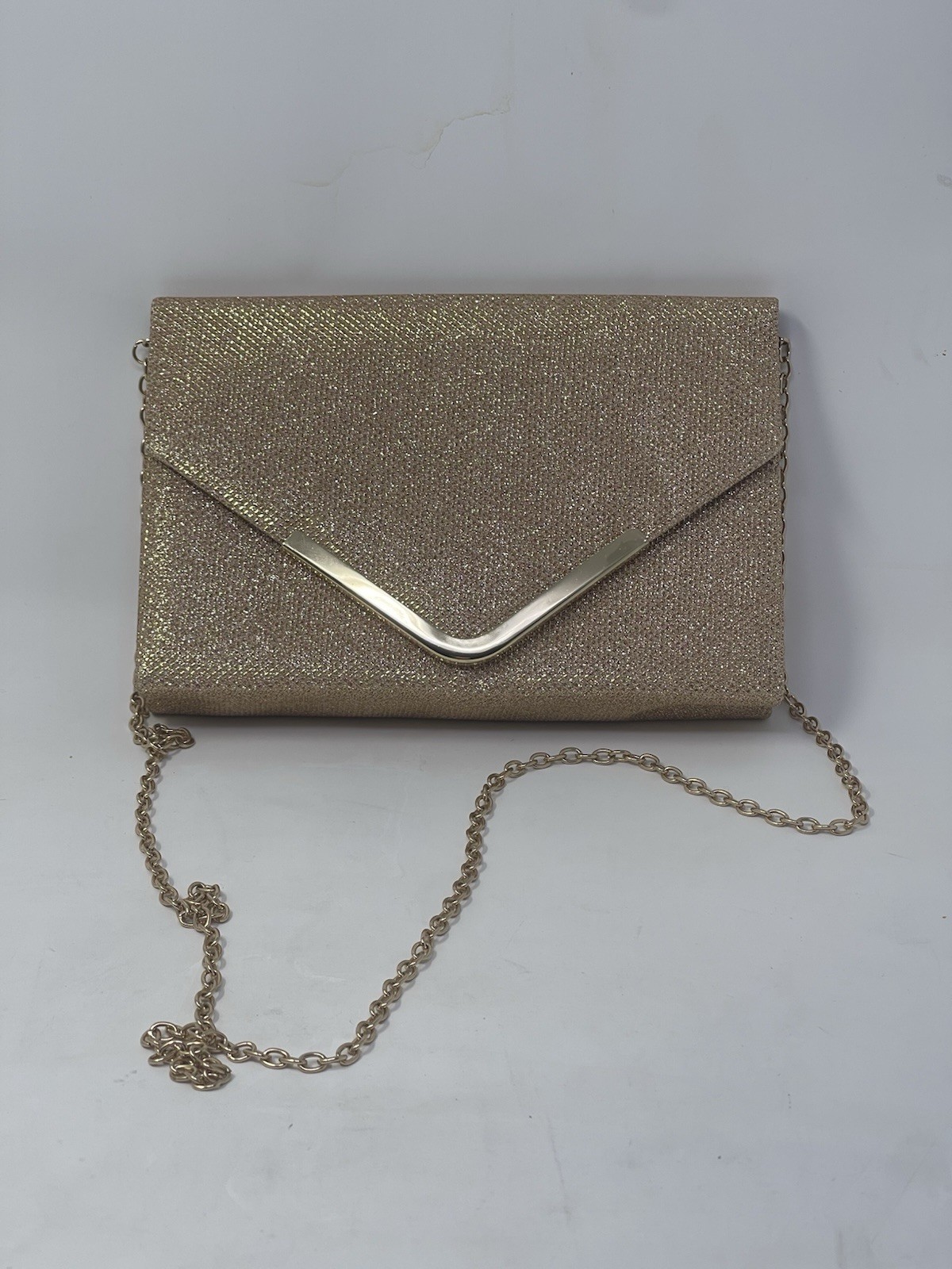 Gold Glitter Metallic Envelope Clutch Purse w/ Chain Crossbody Strap