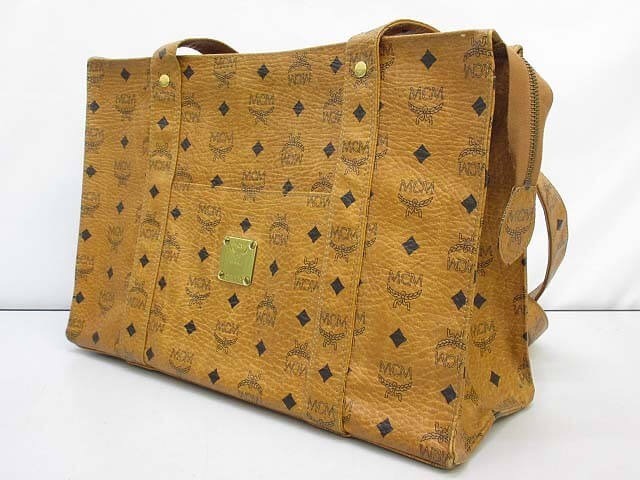MCM Visetos Authentic Handbag Tote Bag Shoulder Camel Black Logo Gold Zipper