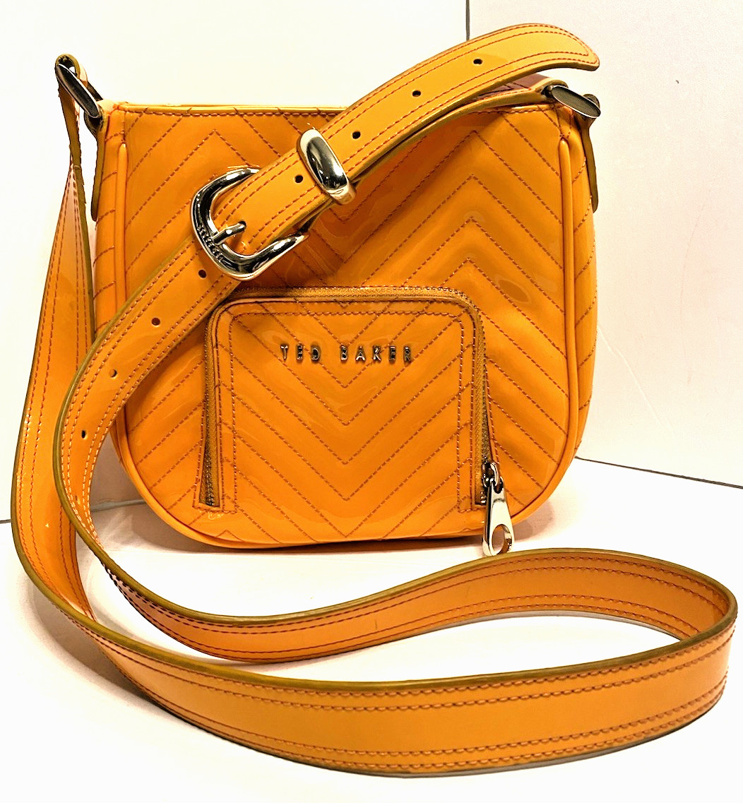 Ted Baker Crossbody Shoulder Bag Bright Orange Quilted Patent Leather Stiched