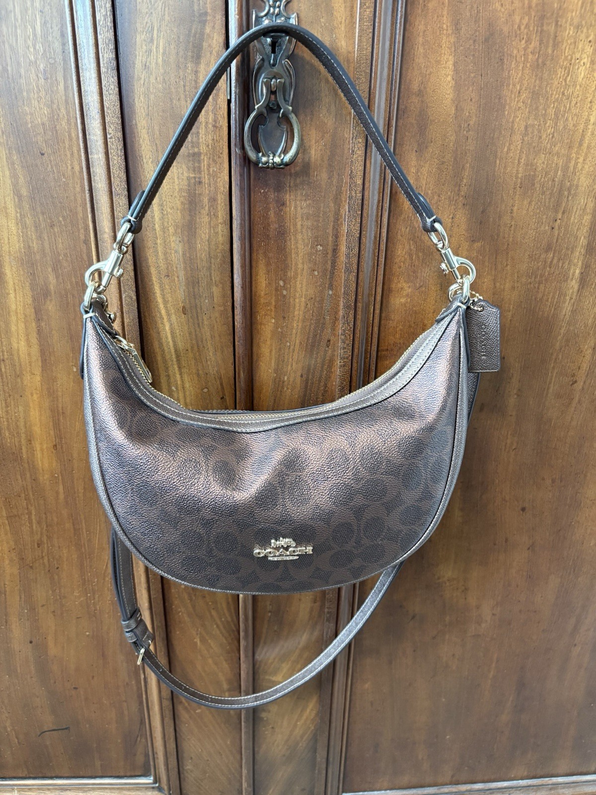 COACH CCL27 METALLIC BRONZE/BROWN SIG ARIA SHOULDER BAG NWT