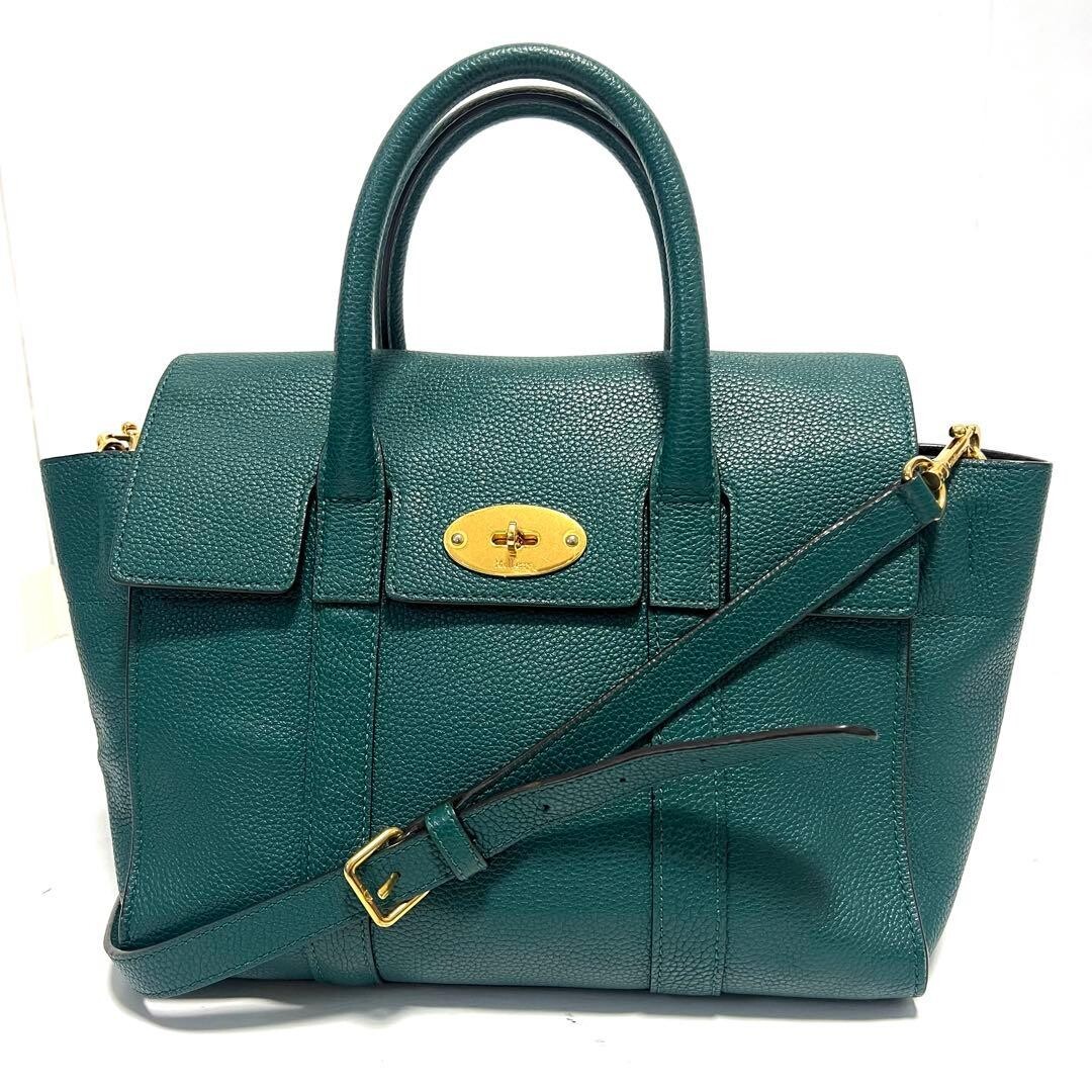 Mulberry Bayswater 2Way Leather Tote Bag Green Gold Turn Lock Authentic