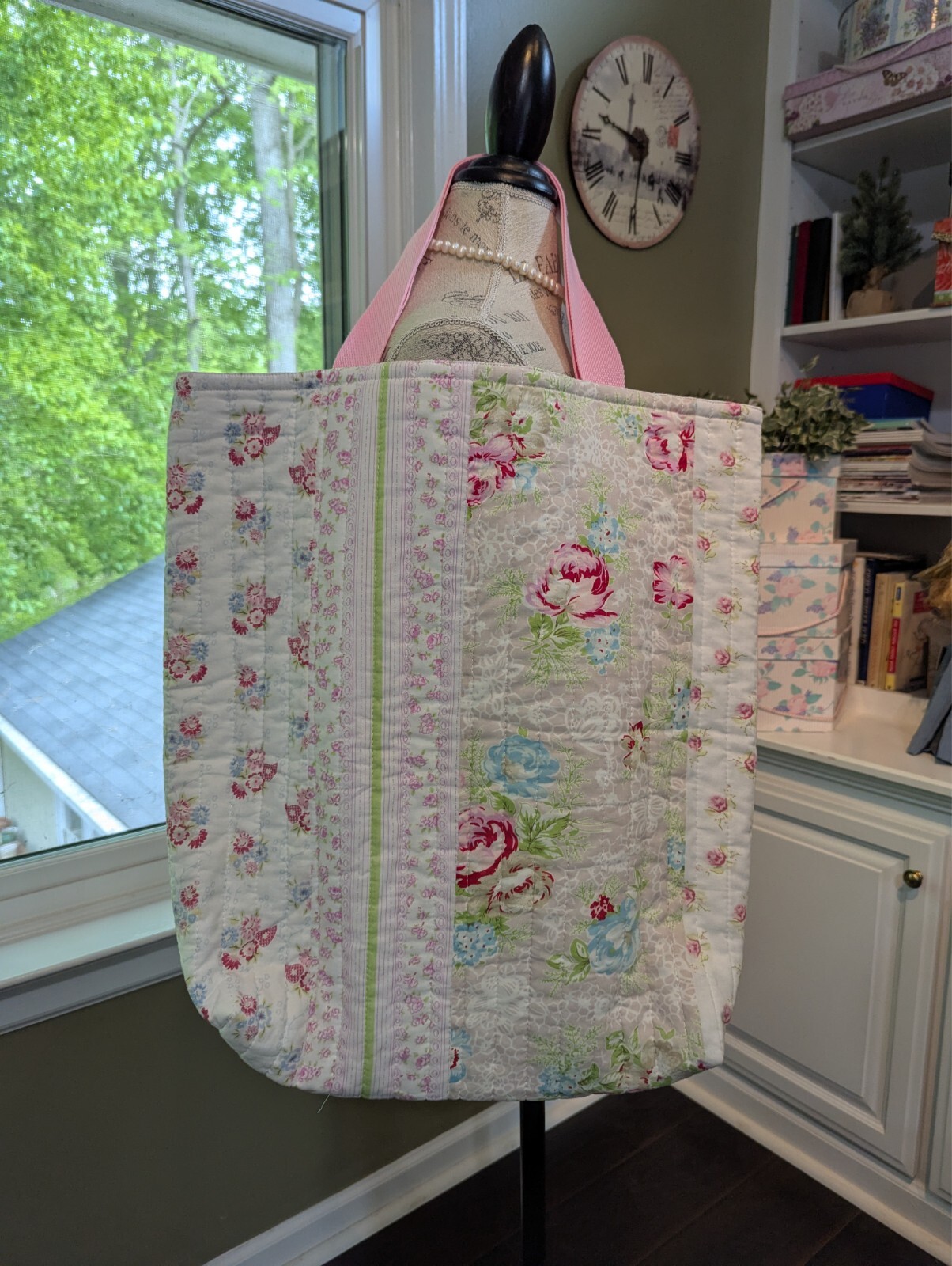 LG MARKET TOTE BAG hm w/Double-sided MACHINE QUILTED Pink-Rose Floral Print, NEW