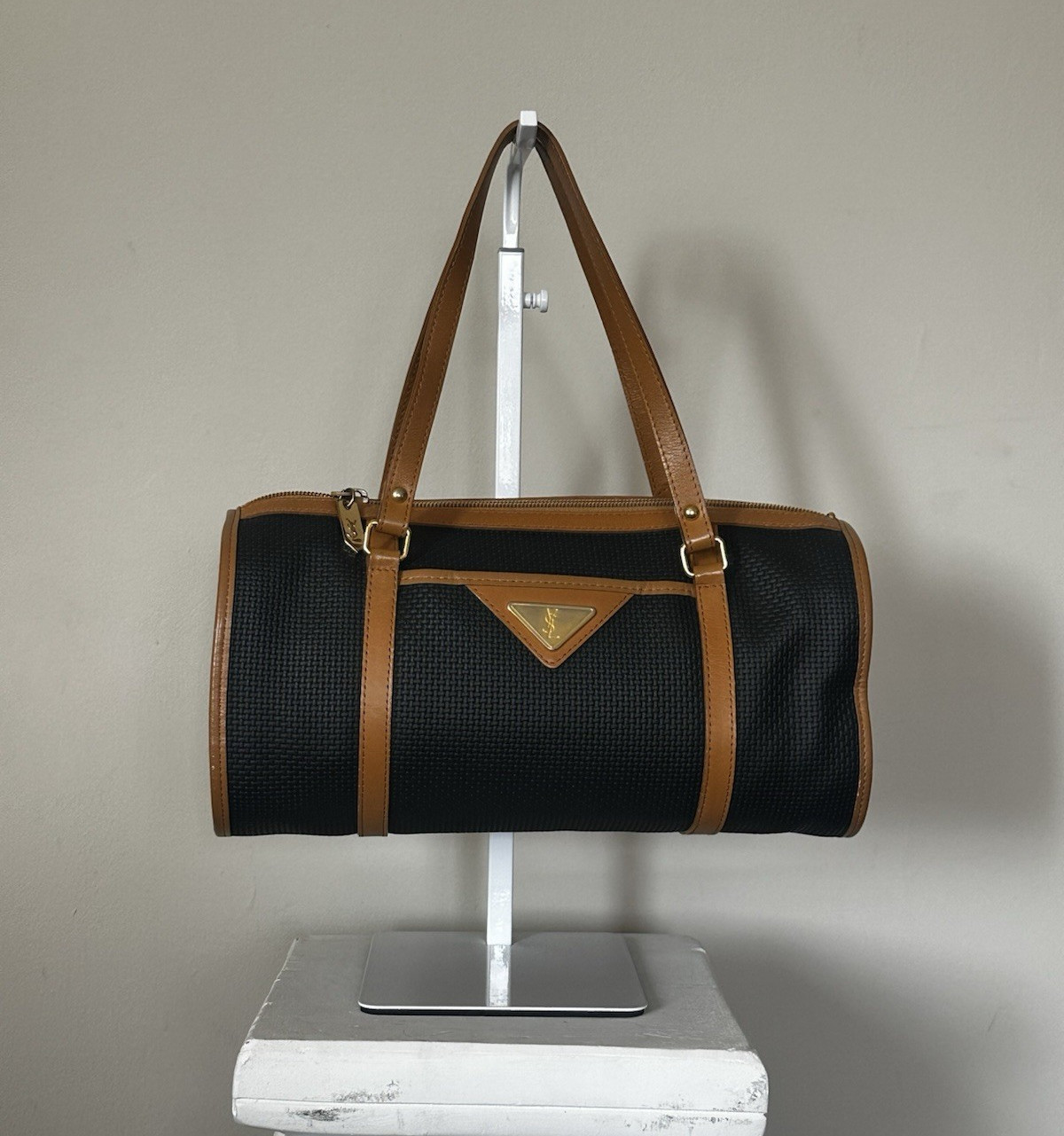 Saint Laurent Black/Brown Cylinder Shoulder Bag Zip Strap Gold Hardware w/ COA