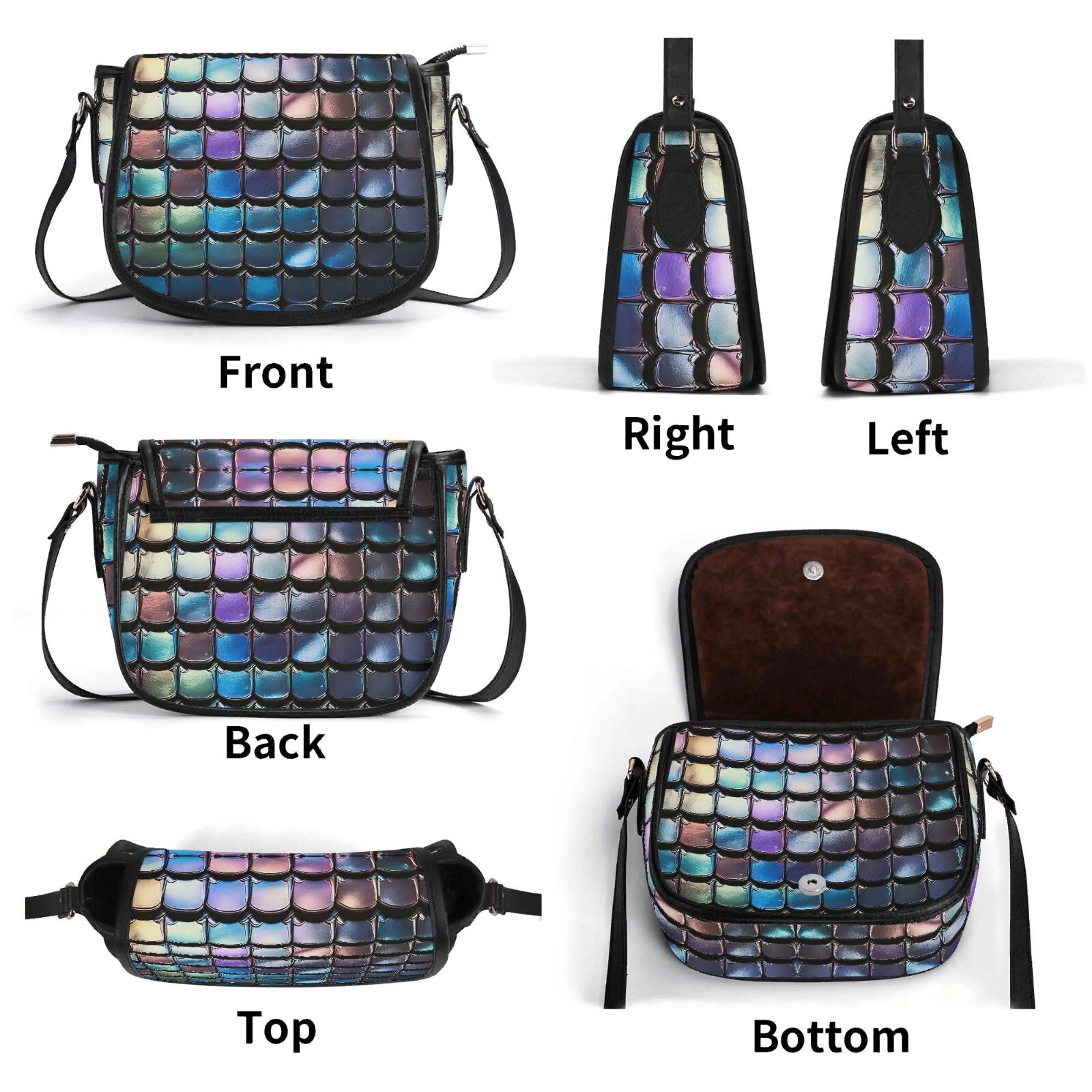 Sequin Iridescent Scales Genuine Leather Saddle Shoulder Bag Handbag Purple Blue