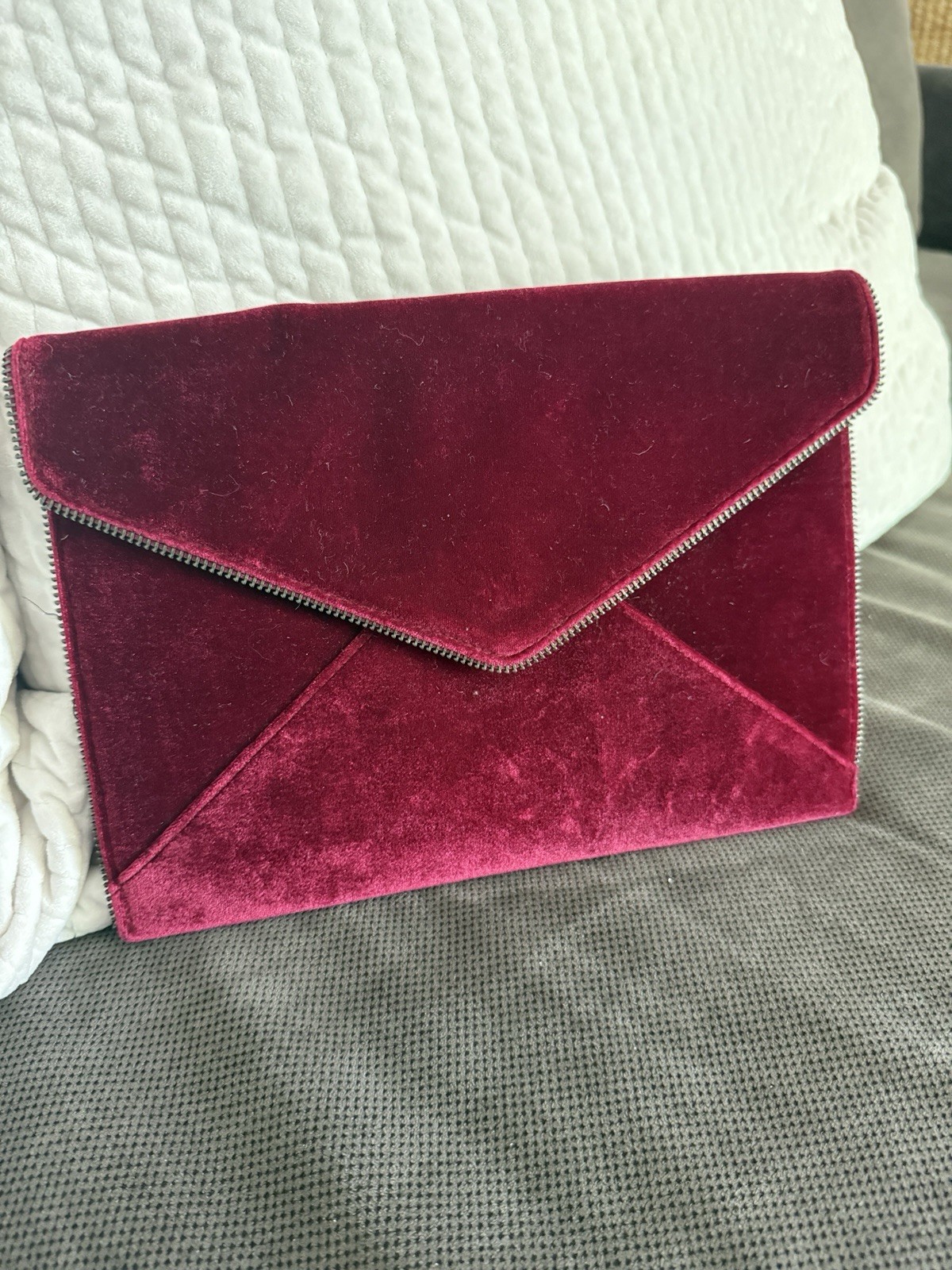 Rebecca Minkoff Burgundy Envelope Clutch Zip Around Snap Silver Hardware Pockets