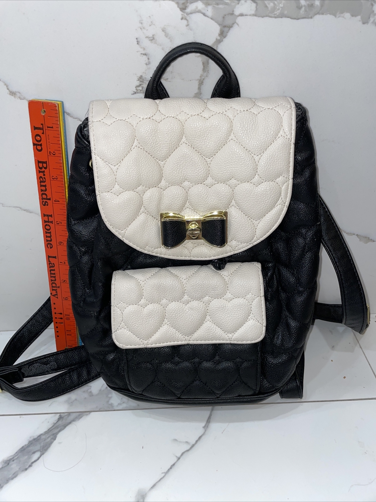 Betsey Johnson Handbag Black & White Heart Quilted Printed Purse Backpack Bag