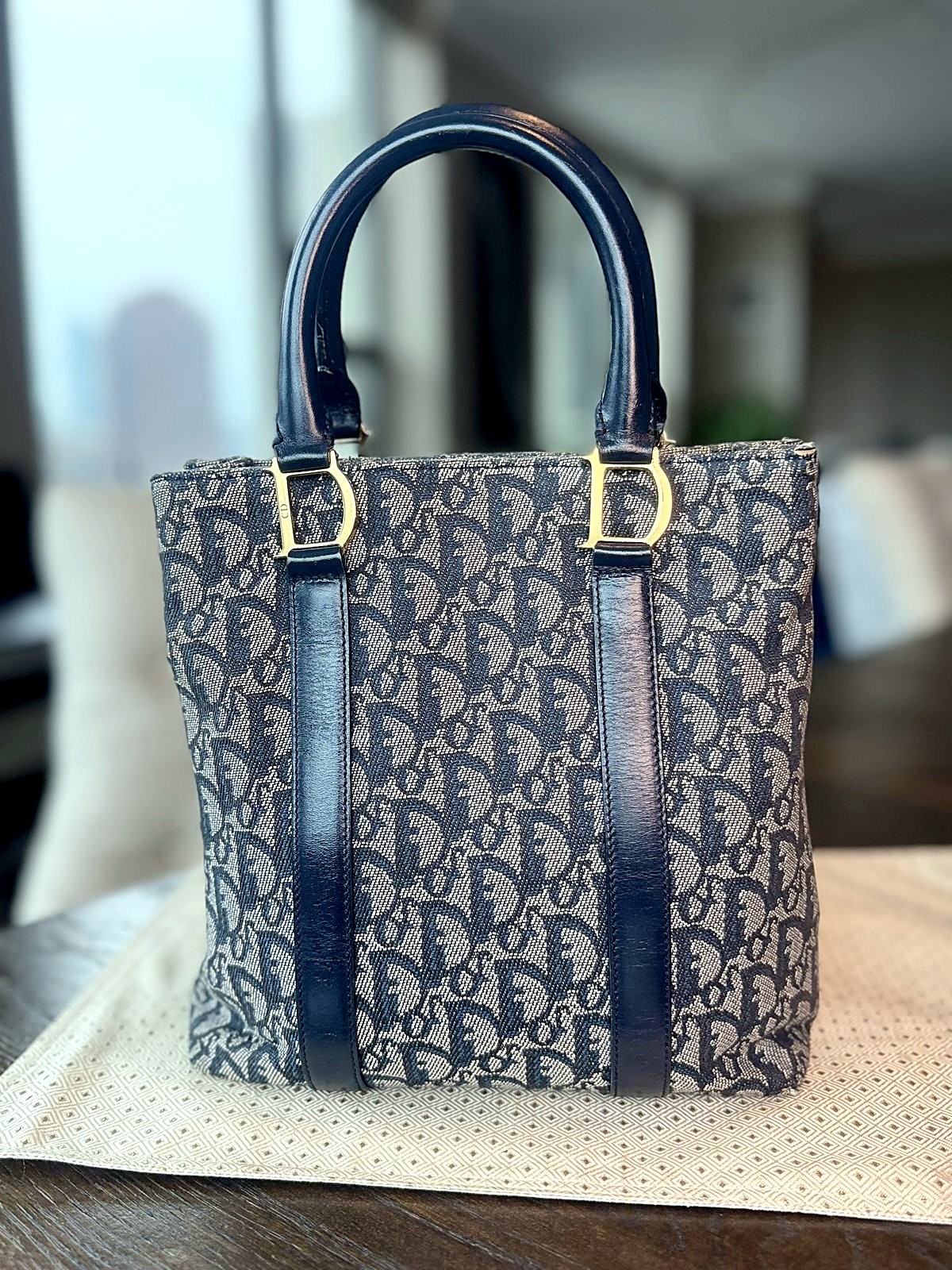 Authentic Christian Dior Navy Trotter Monogram Canvas Tote Bag Gold Hardware