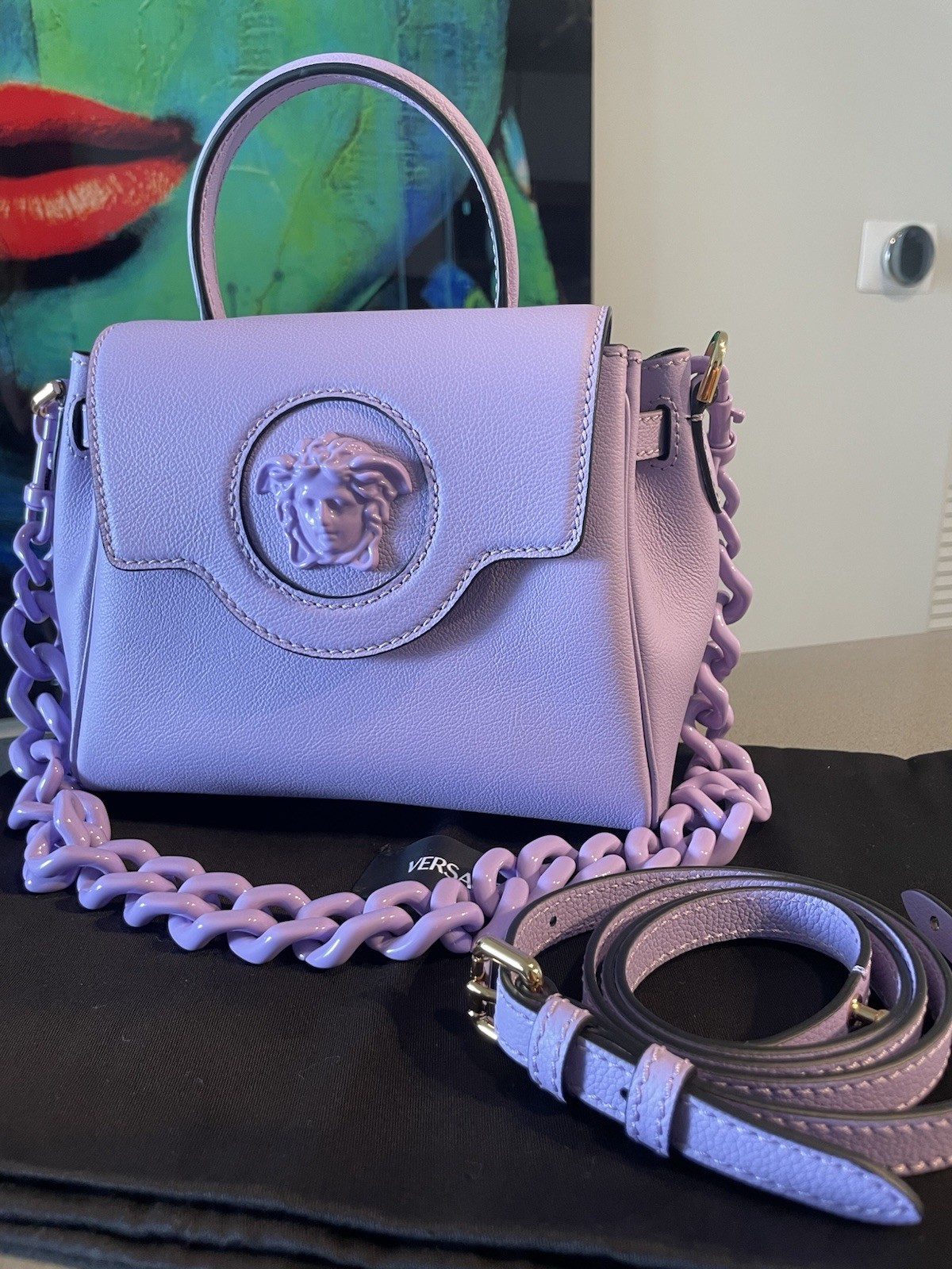Versace La Medusa Medium Top Handle Vitello Bag Purple $2300.