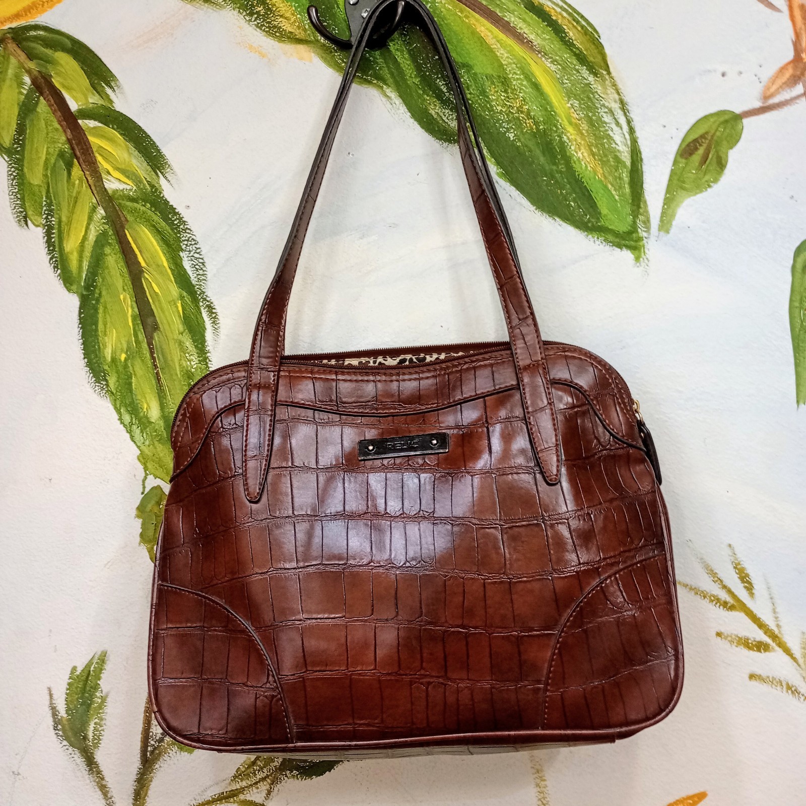 Relic~Fossil Purse Dark Brown Faux Leather Embossed Alligator Double Straps- EUC