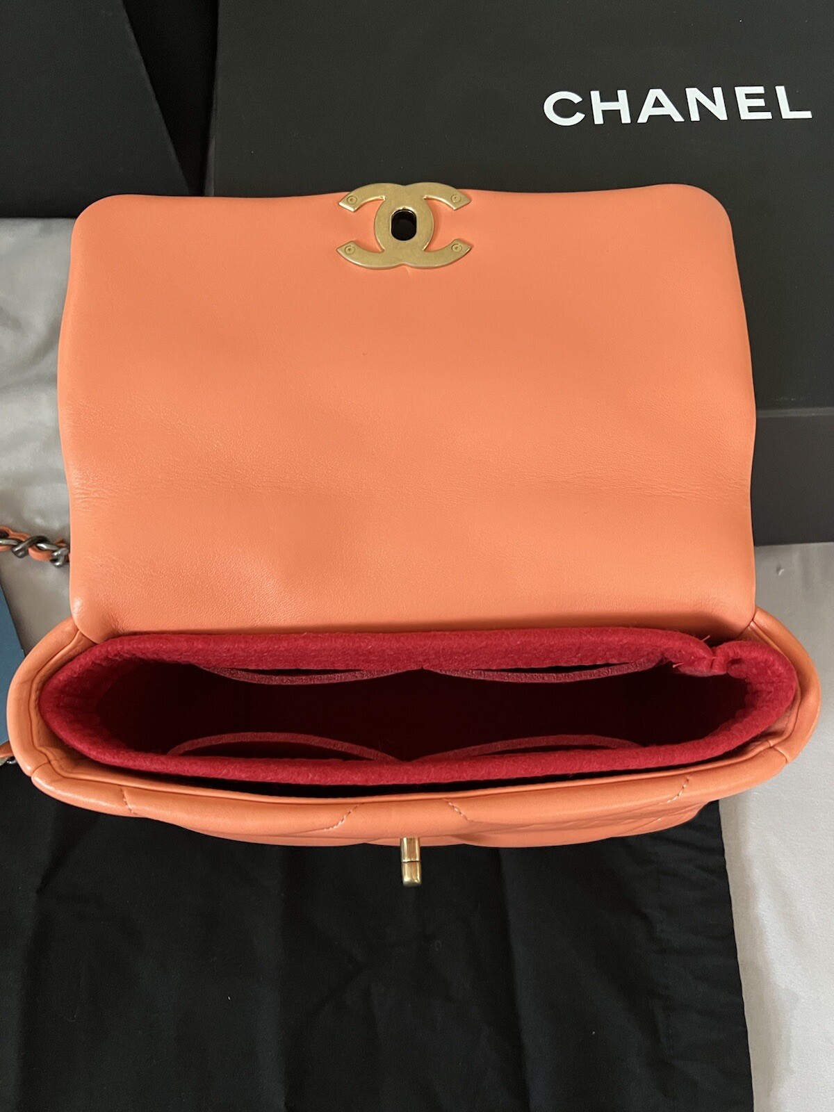 CHANEL 19 HANDBAG Lambskin, Gold-Tone, Silver-Tone&Ruthenium-Finish Metal CORAL
