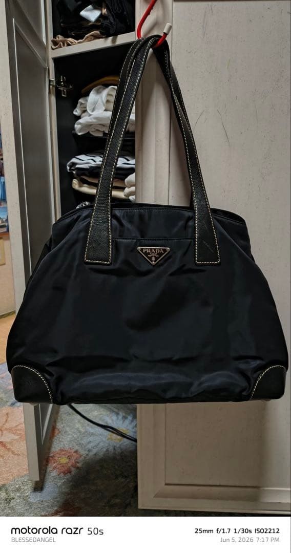 Authentic PRADA Handbag Black Nylon Leather 38cm x 28cm x 25cm x 15cm Slight Use