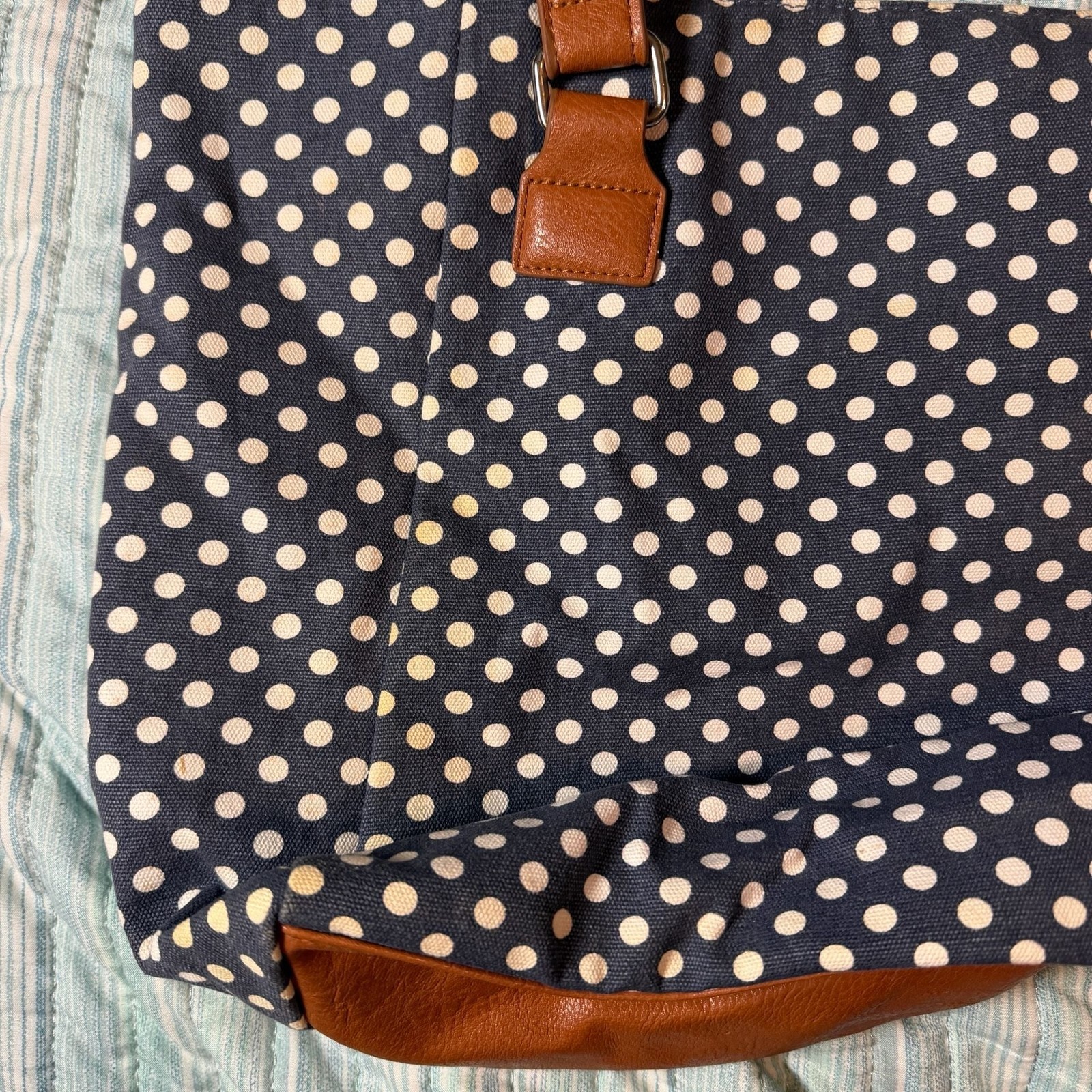 GA Logo Navy and White Polka Dot Canvas Tote Bag with Brown Leather-Look Trim