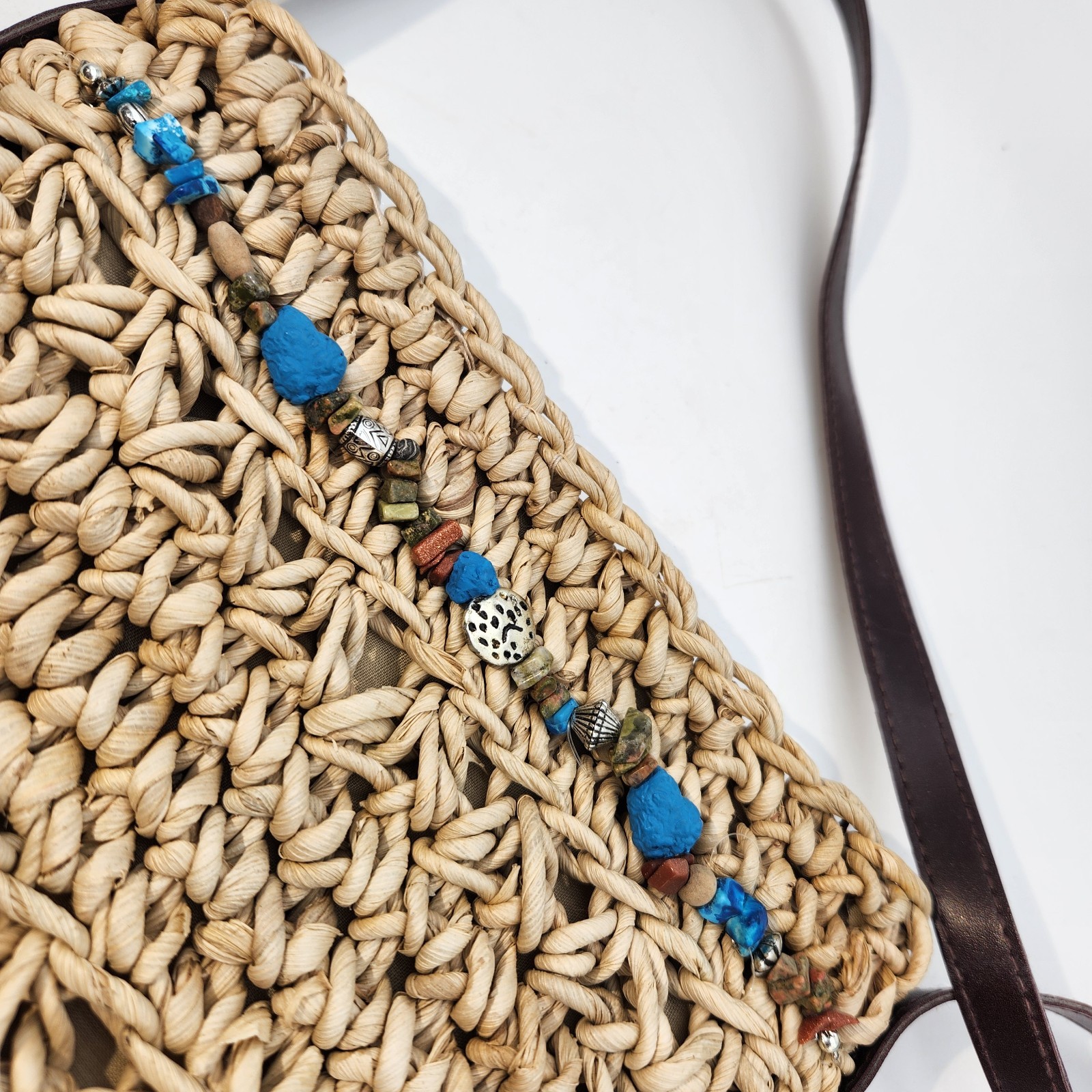 Vintage Woven Straw Purse Bag Crossbody Rock Beads Zip Lined Lightweight 9″x8″
